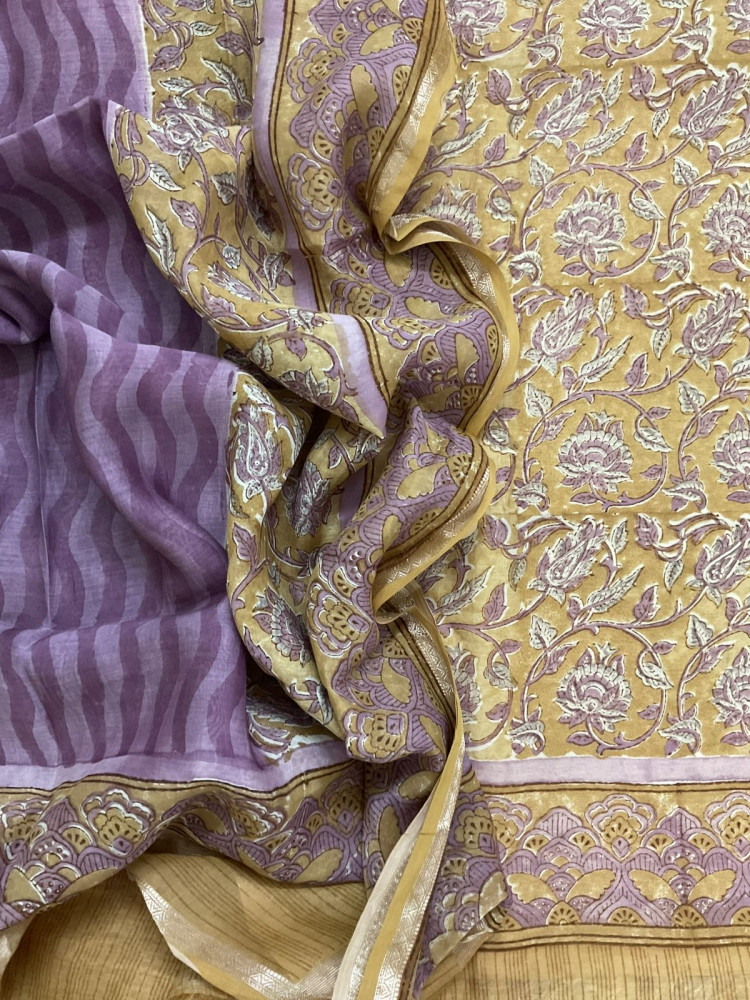 Image of Pure Mul Chanderi Printed Suit - Mustard