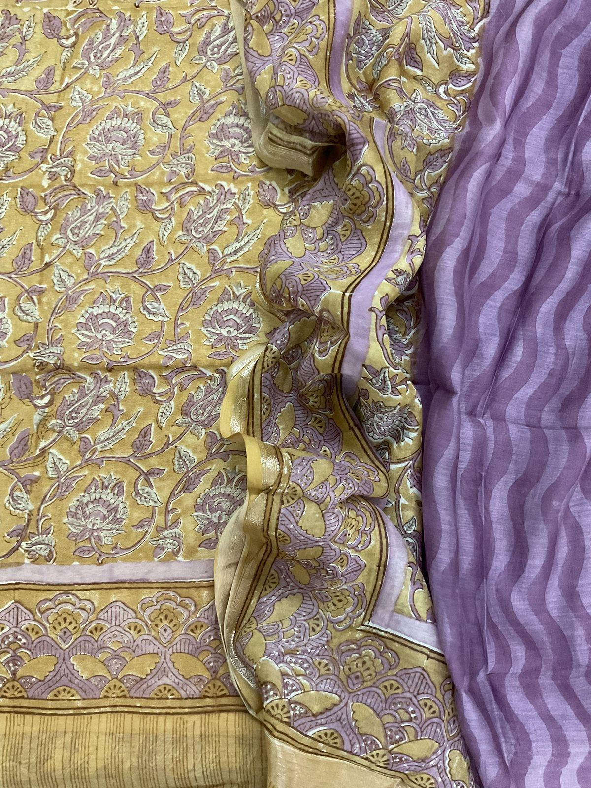 Pure Mul Chanderi Printed Suit - Mustard