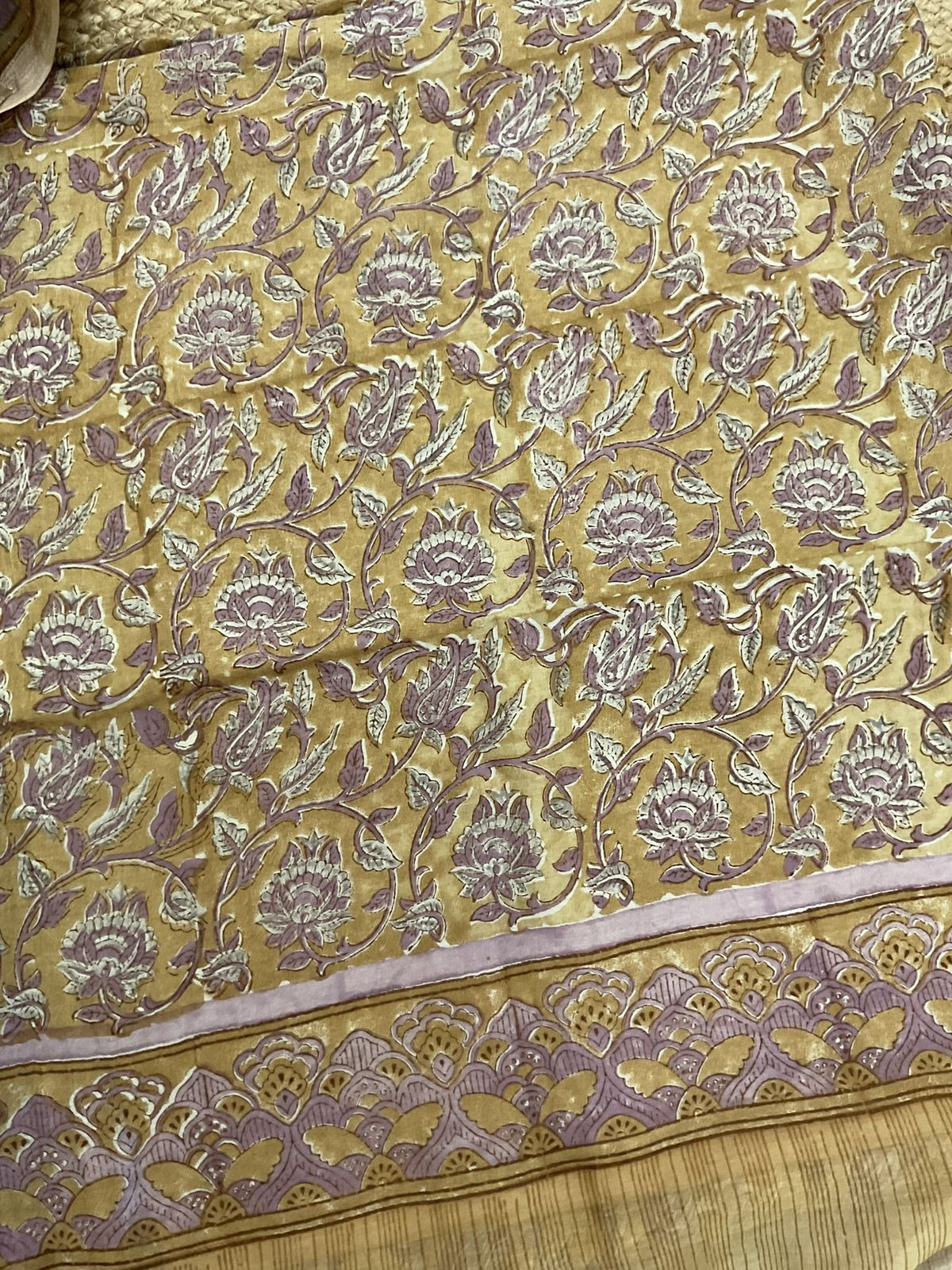 Pure Mul Chanderi Printed Suit - Mustard