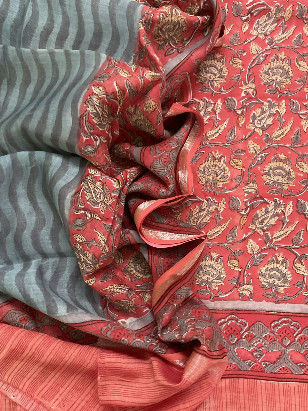 Pure Mul Chanderi Printed Suit - Peach
