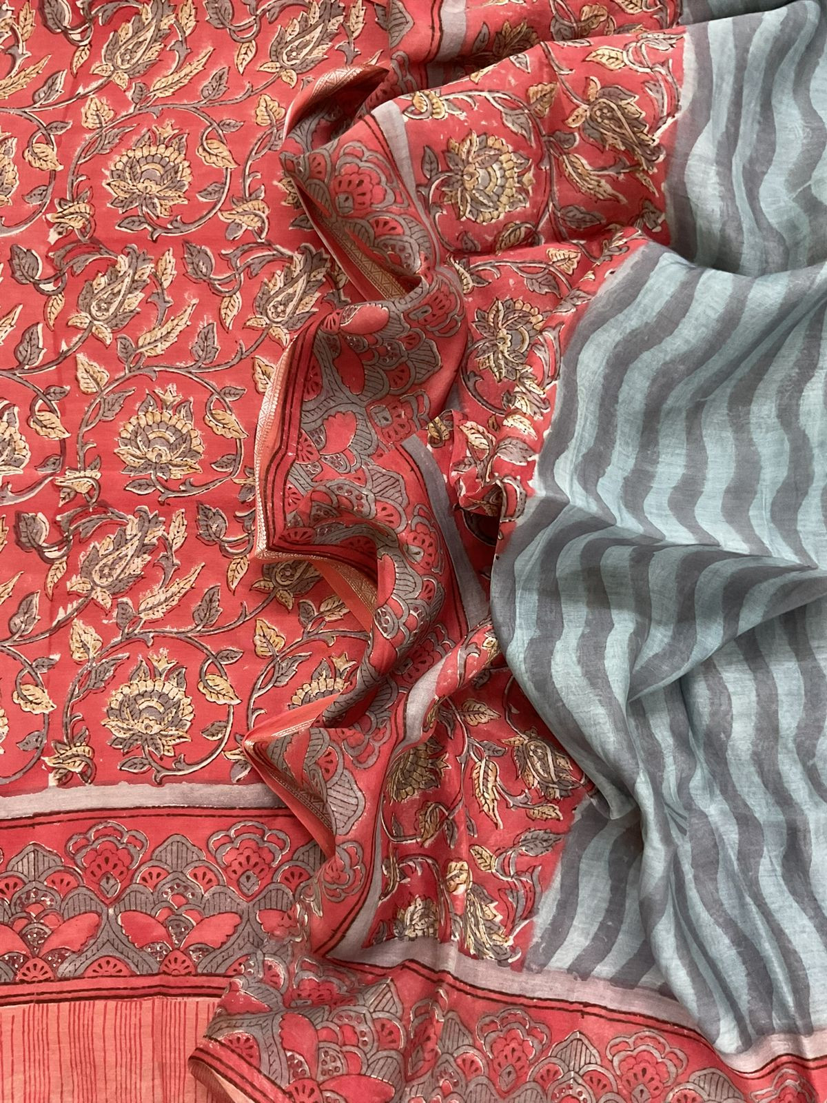 Pure Mul Chanderi Printed Suit - Peach