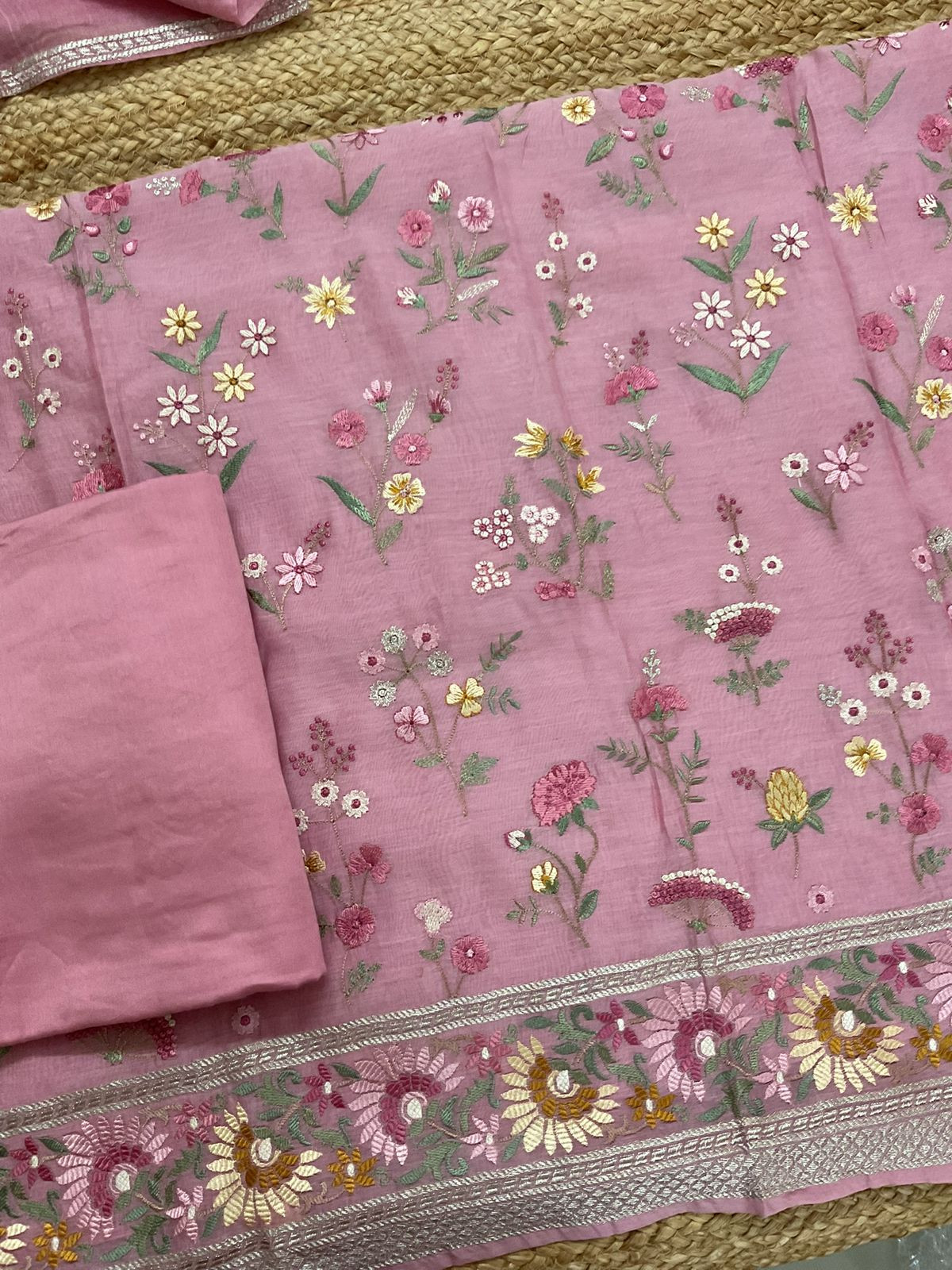 Pure Mul Chanderi Embroidered Suit - Pink