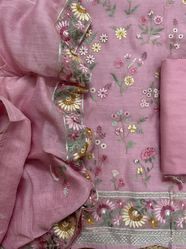 Image of Pure Mul Chanderi Embroidered Suit - Pink