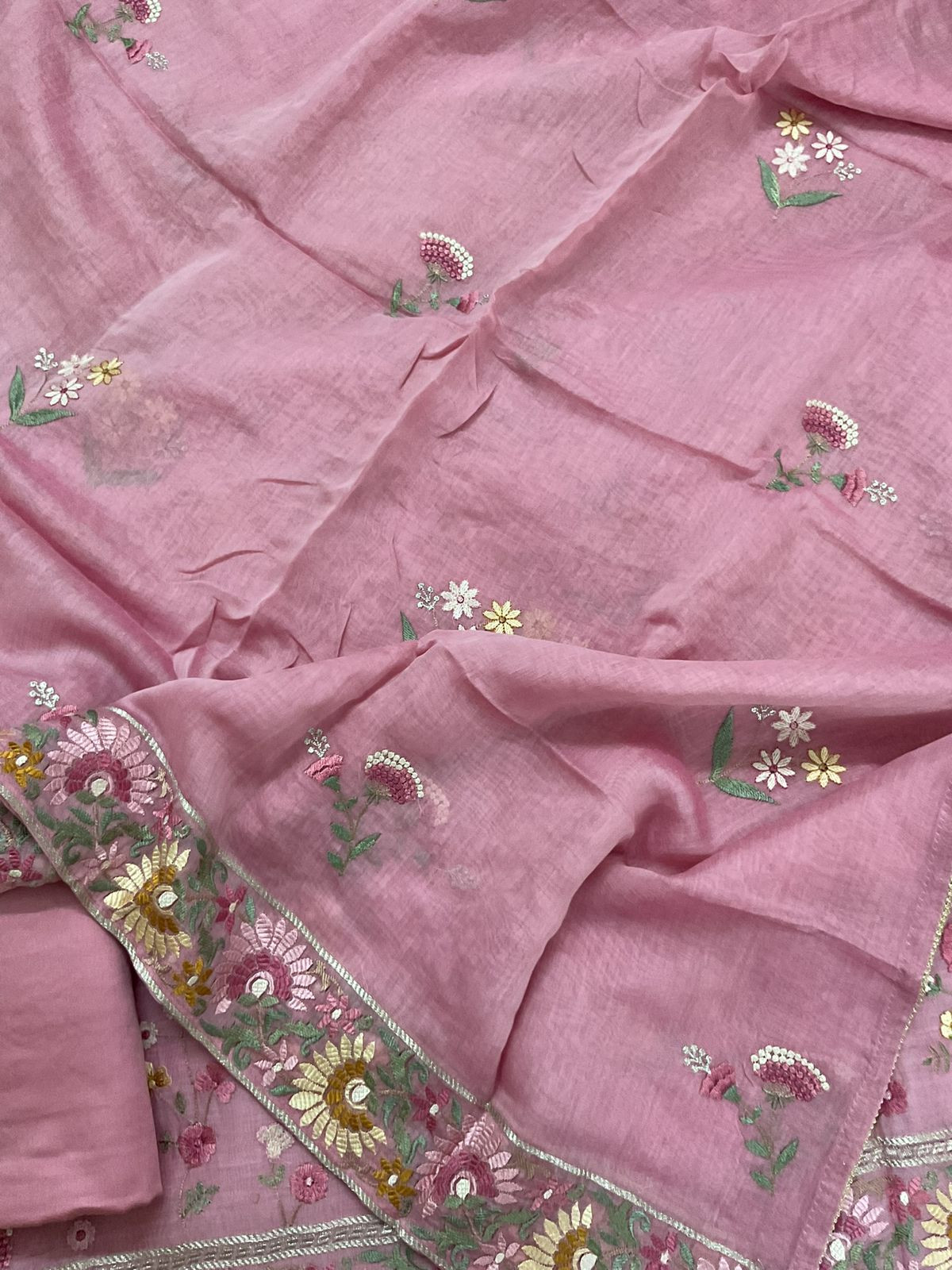 Pure Mul Chanderi Embroidered Suit - Pink