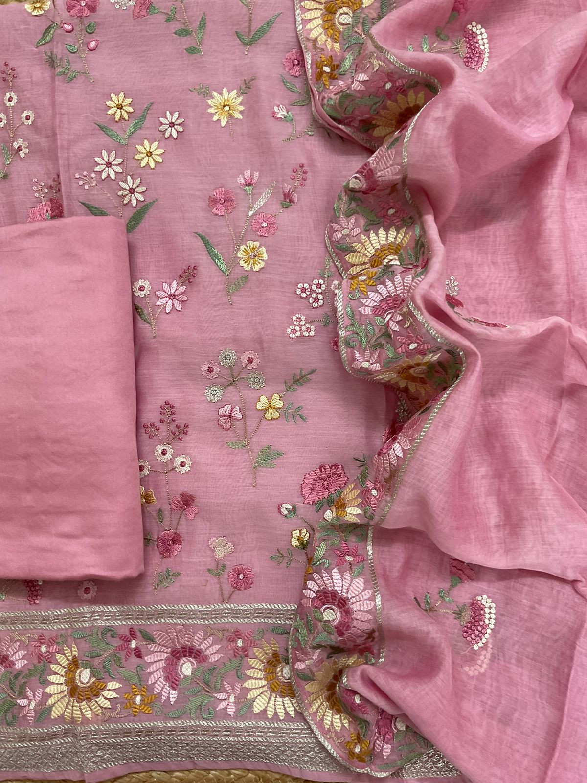 Pure Mul Chanderi Embroidered Suit - Pink