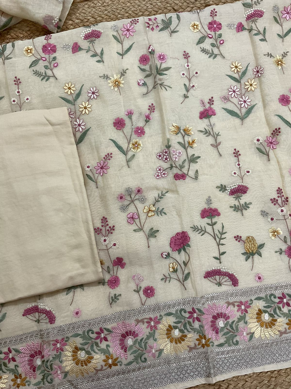 Pure Mul Chanderi Embroidered Suit - Cream