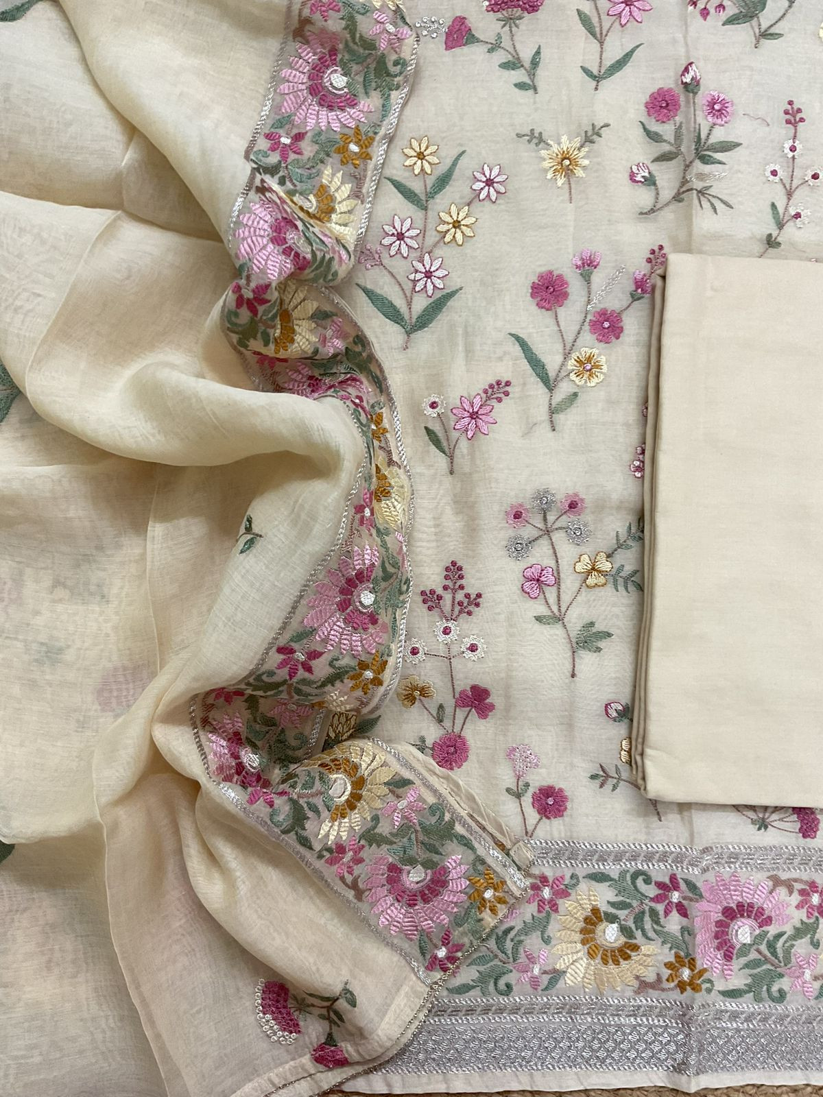 Pure Mul Chanderi Embroidered Suit - Cream