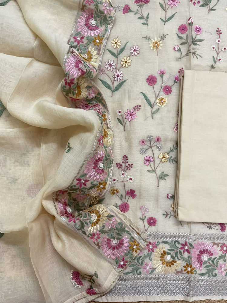 Image of Pure Mul Chanderi Embroidered Suit - Cream
