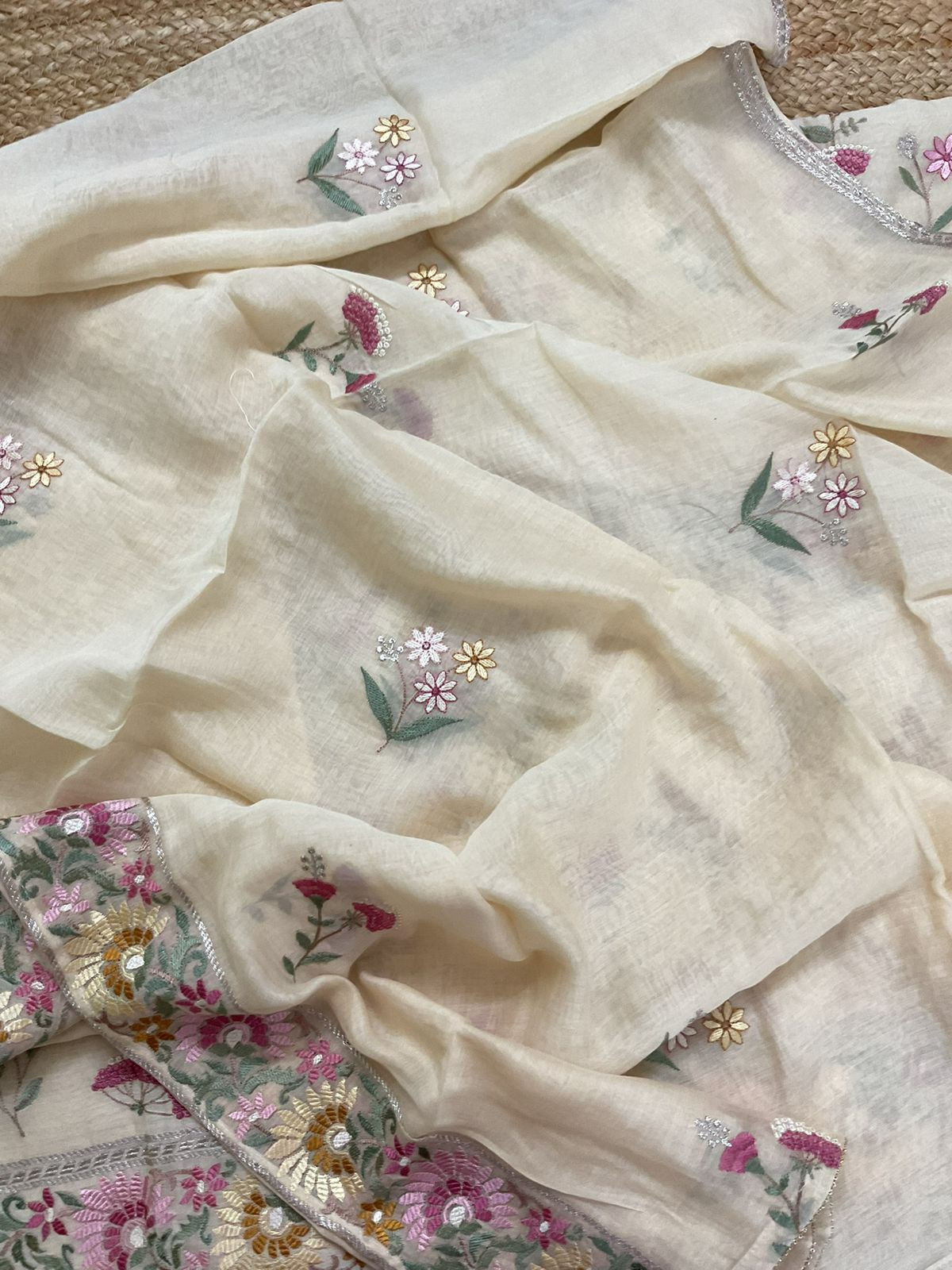 Pure Mul Chanderi Embroidered Suit - Cream