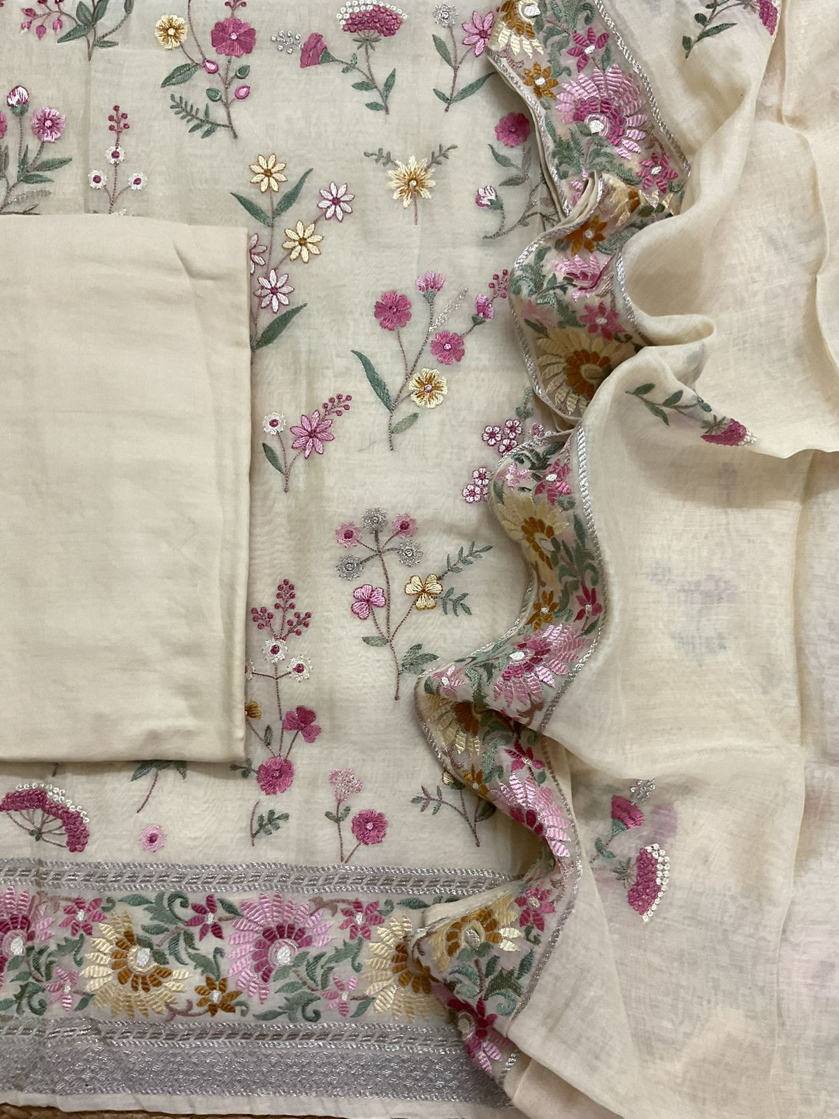 Pure Mul Chanderi Embroidered Suit - Cream