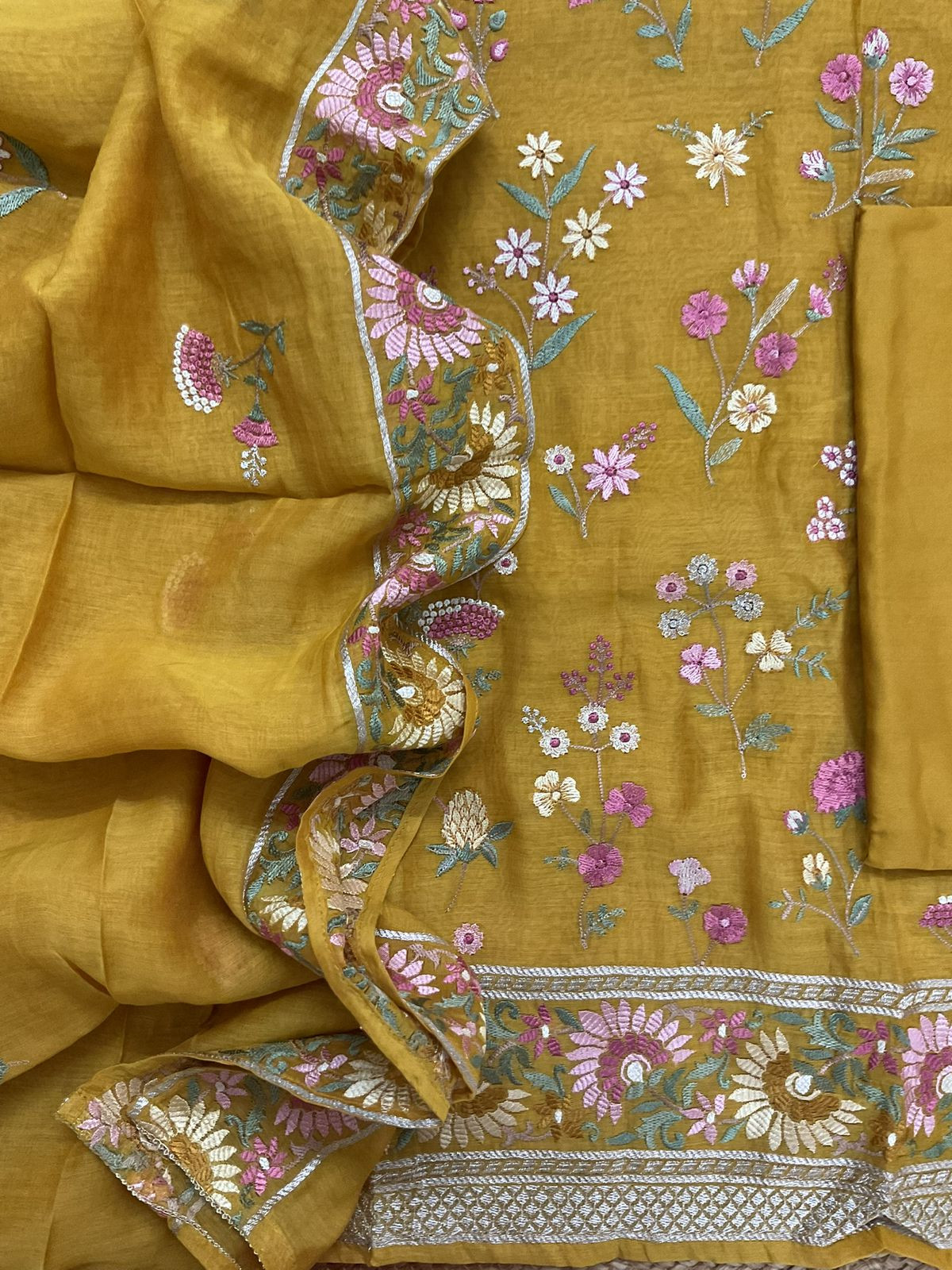 Pure Mul Chanderi Embroidered Suit - Yellow