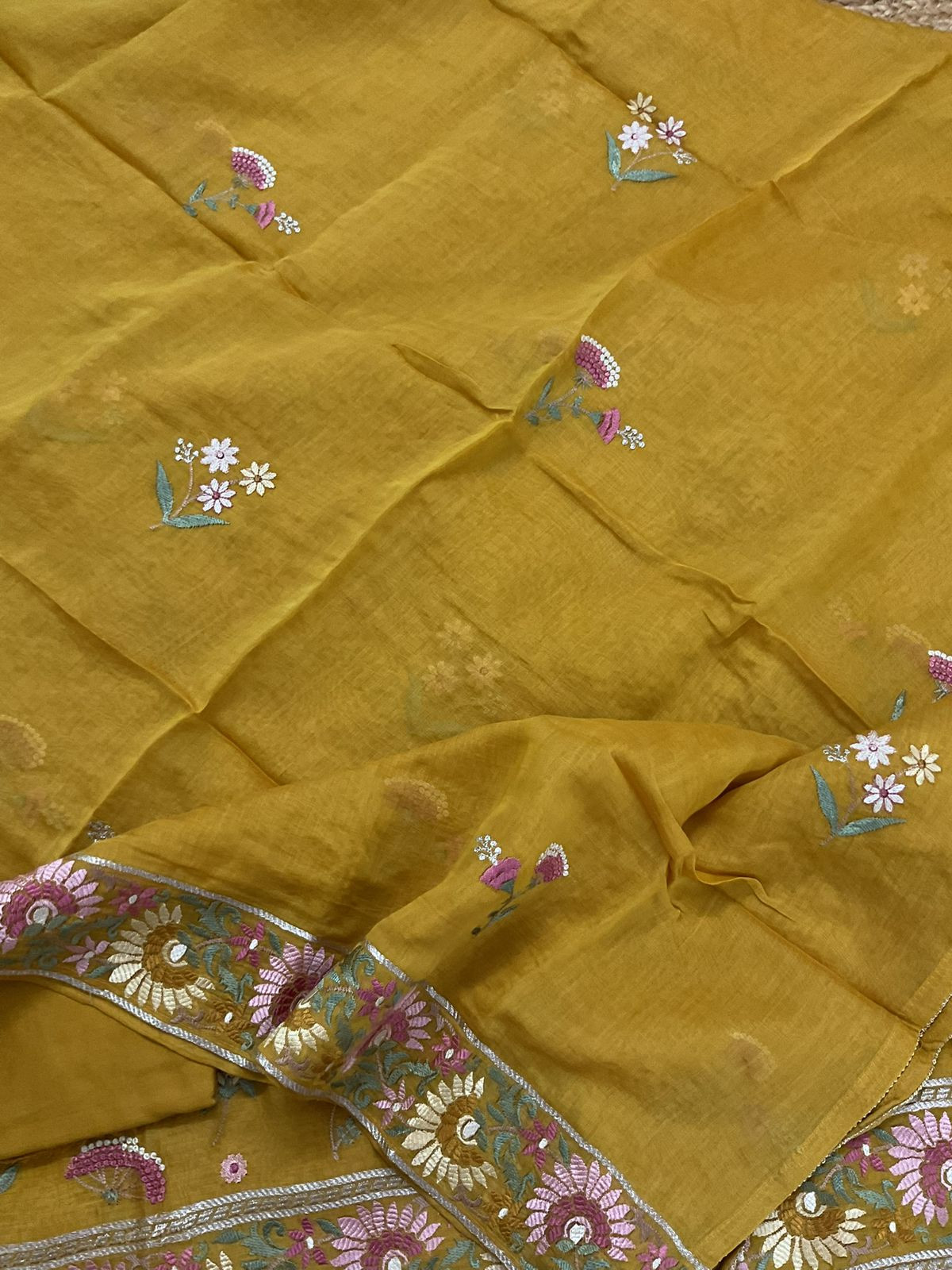 Pure Mul Chanderi Embroidered Suit - Yellow
