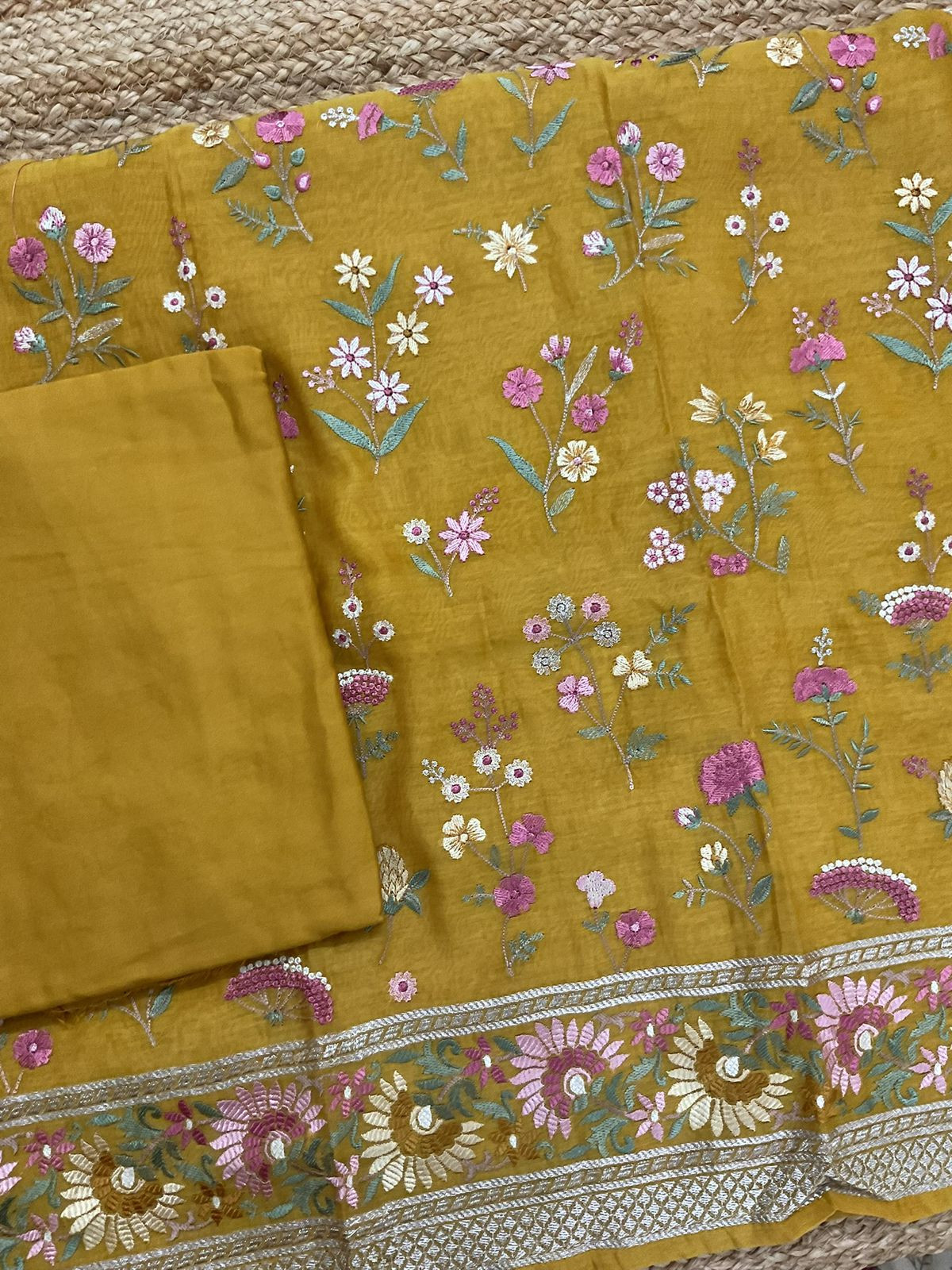 Pure Mul Chanderi Embroidered Suit - Yellow