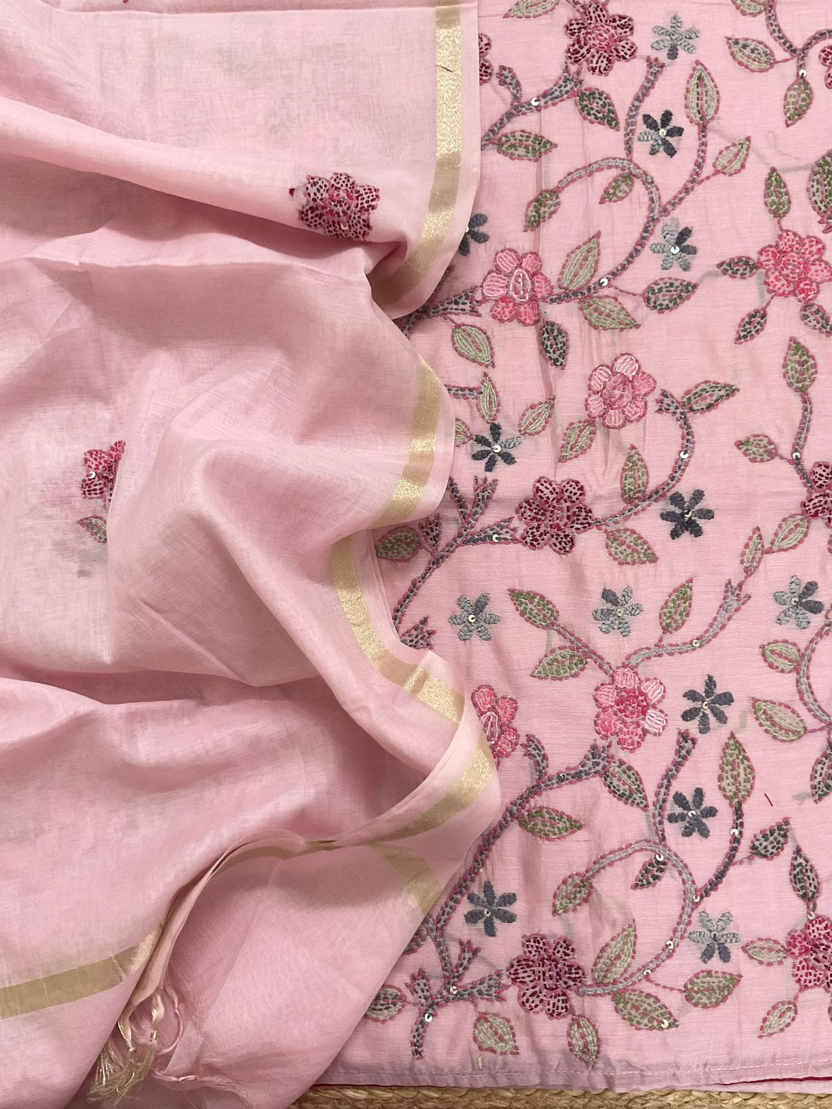 Pure Chanderi Kantha Work Suit - Pink