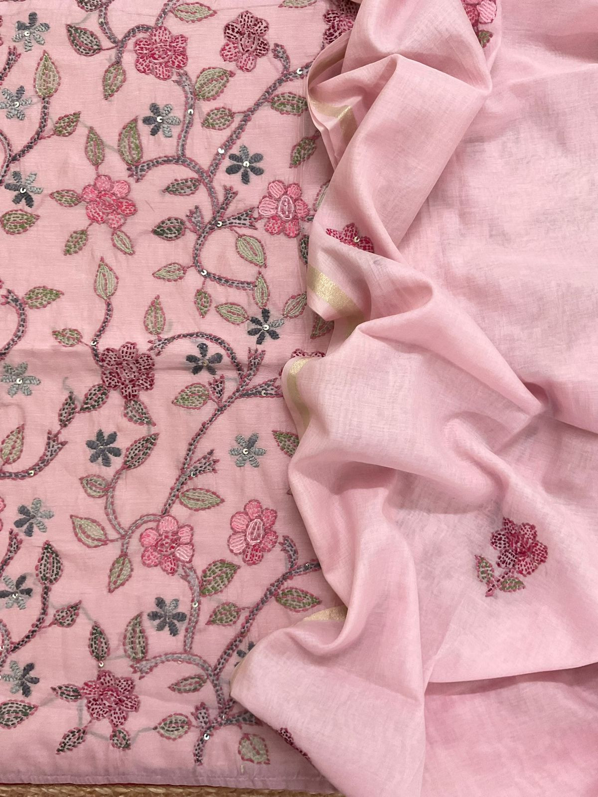 Pure Chanderi Kantha Work Suit - Pink