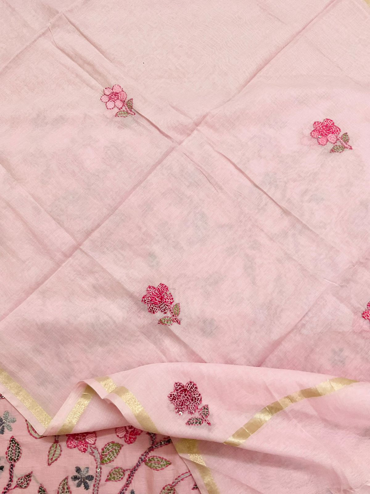 Pure Chanderi Kantha Work Suit - Pink