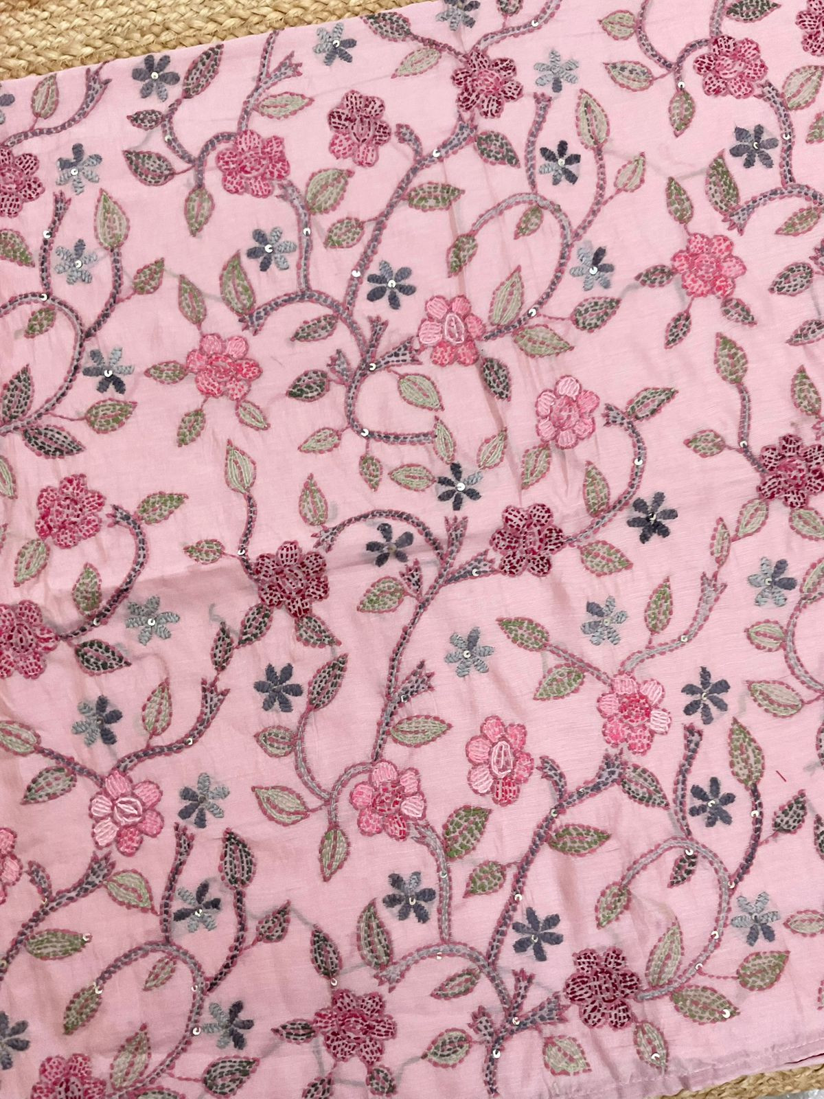 Pure Chanderi Kantha Work Suit - Pink