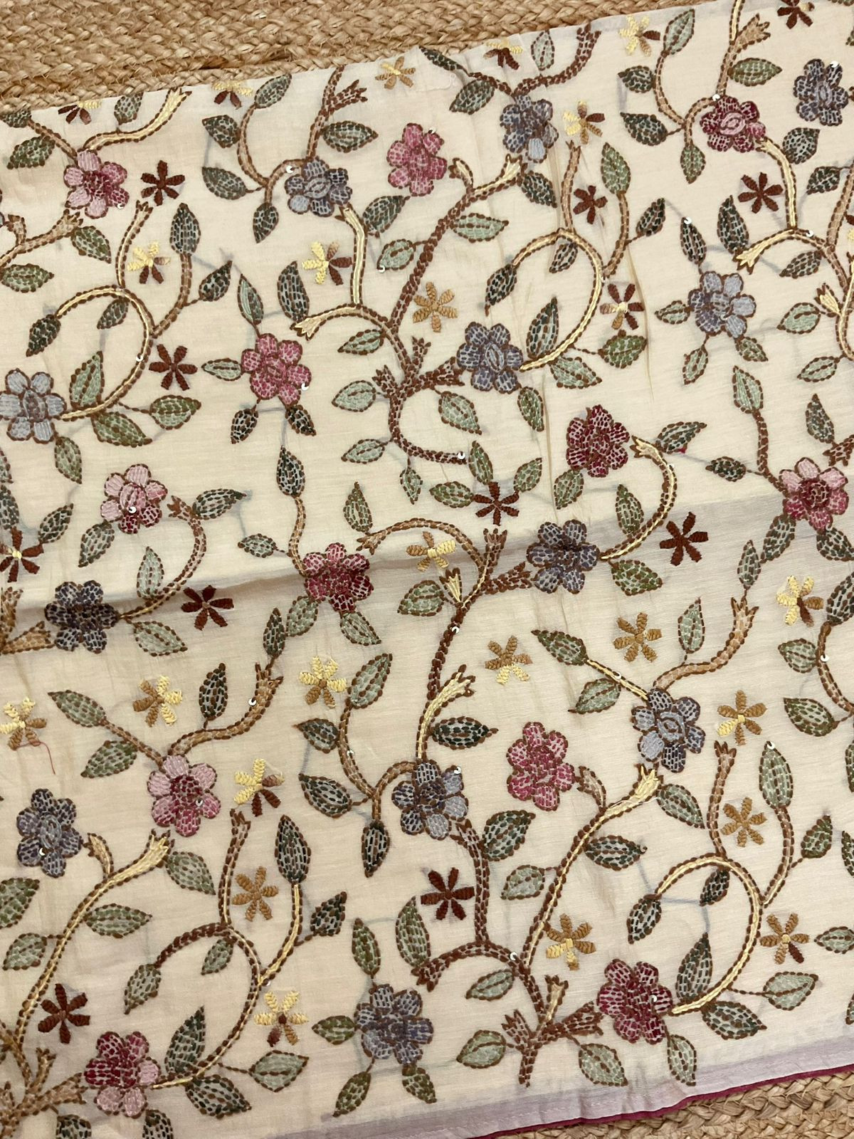 Pure Chanderi Kantha Work Suit - Cream