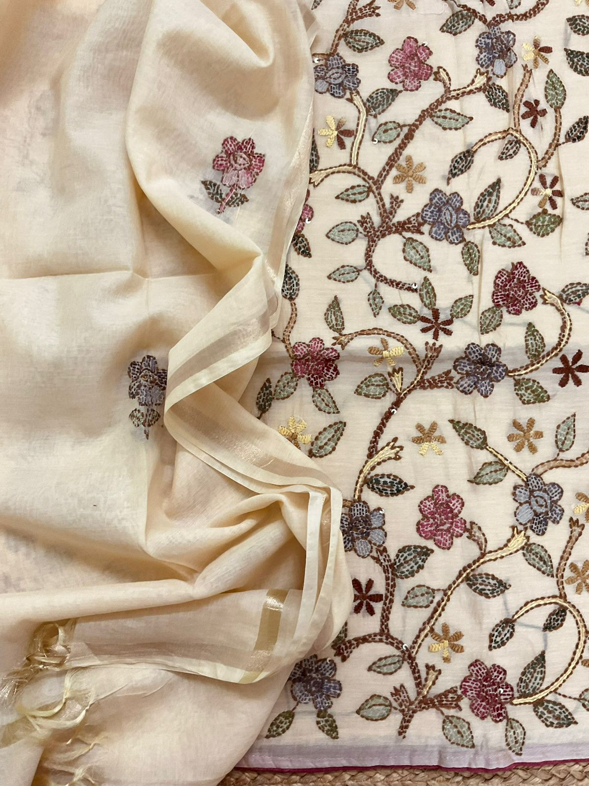 Pure Chanderi Kantha Work Suit - Cream