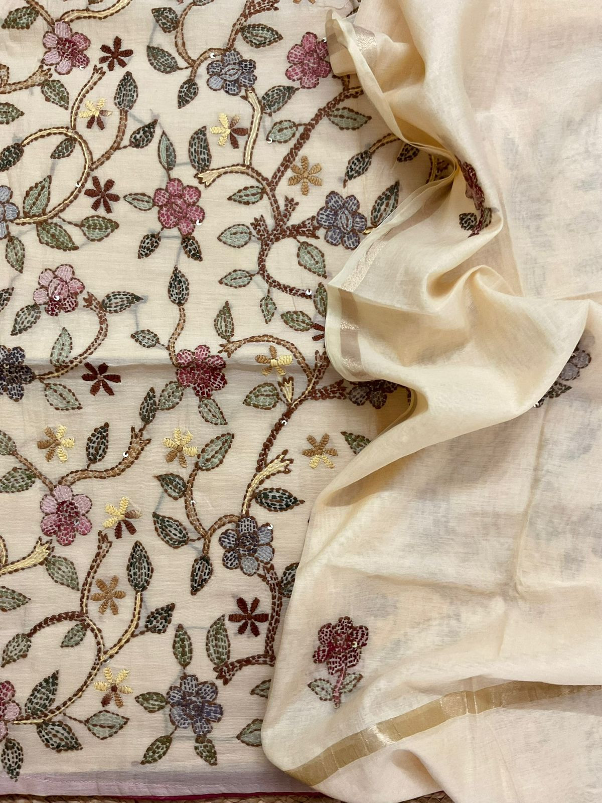 Pure Chanderi Kantha Work Suit - Cream