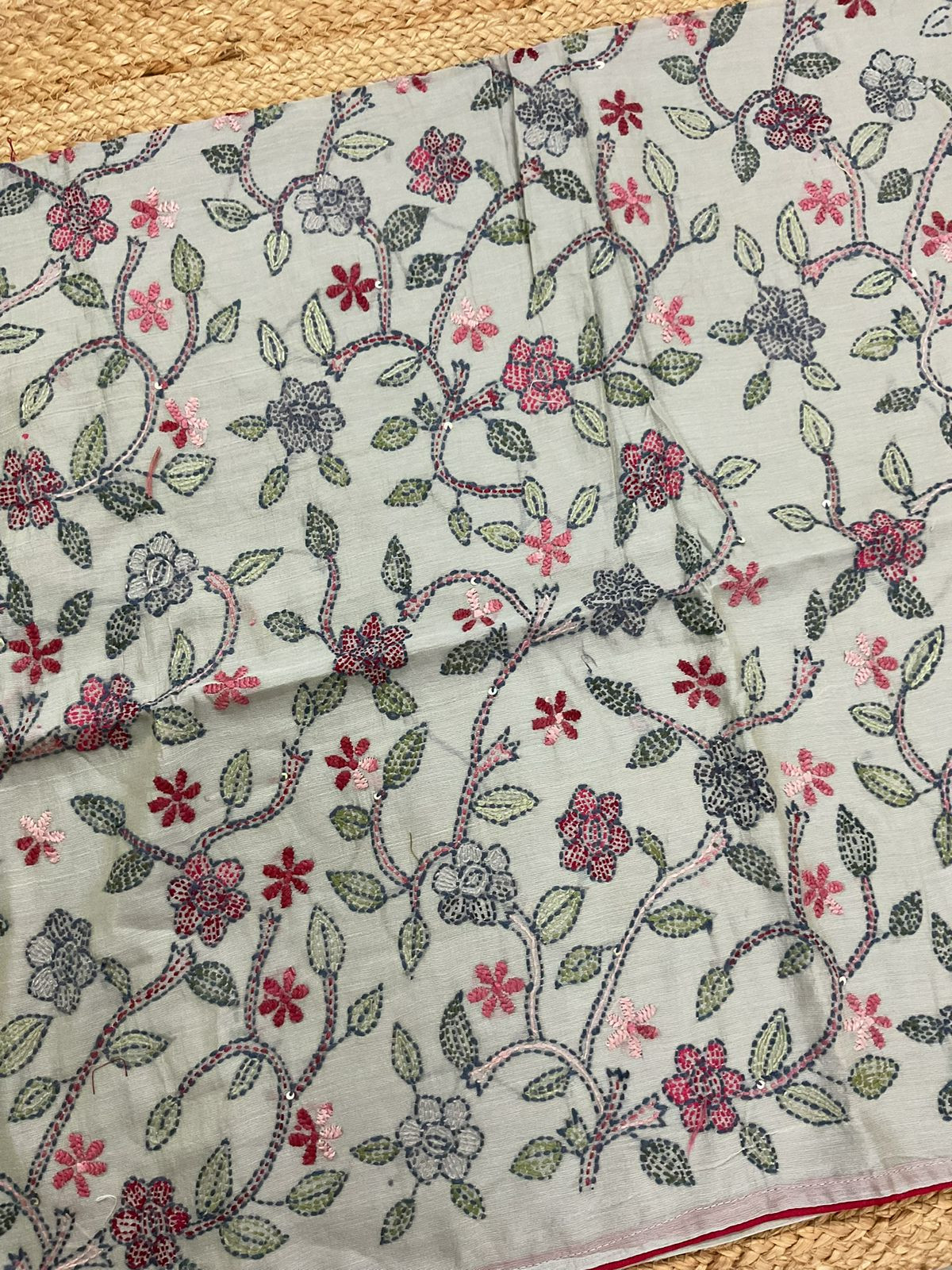 Pure Chanderi Kantha Work Suit - Grey