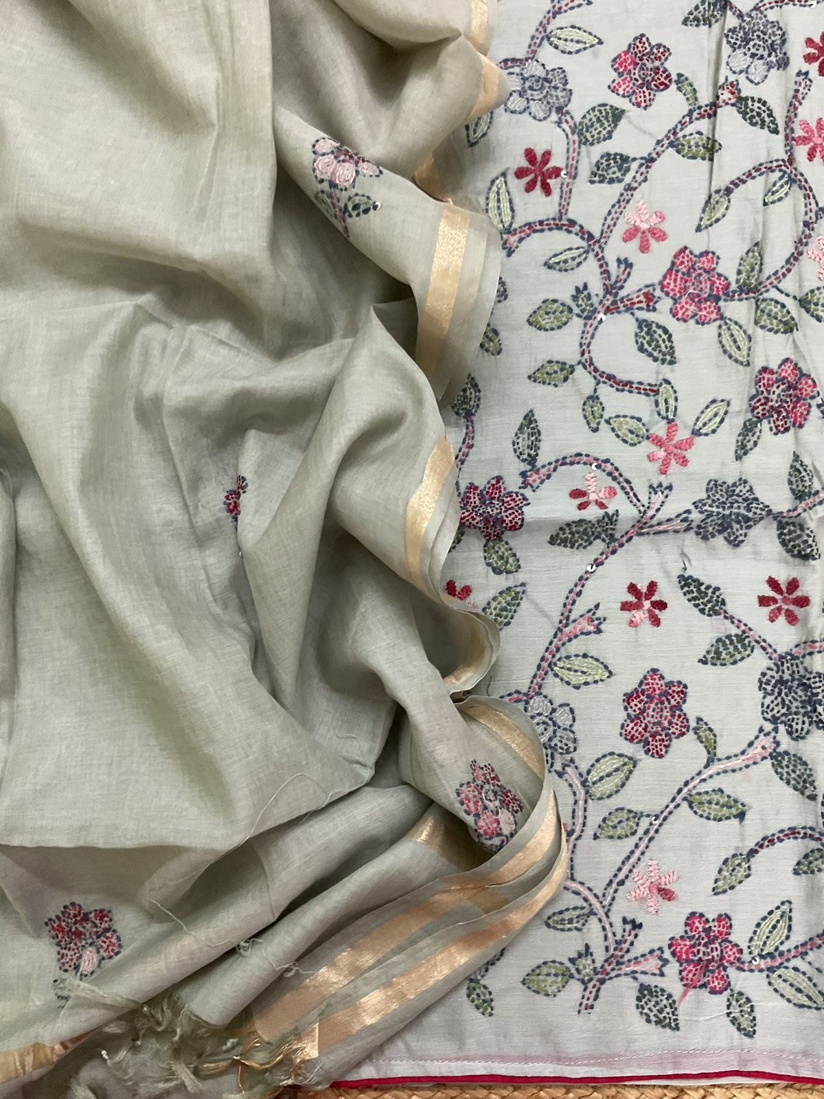 Pure Chanderi Kantha Work Suit - Grey