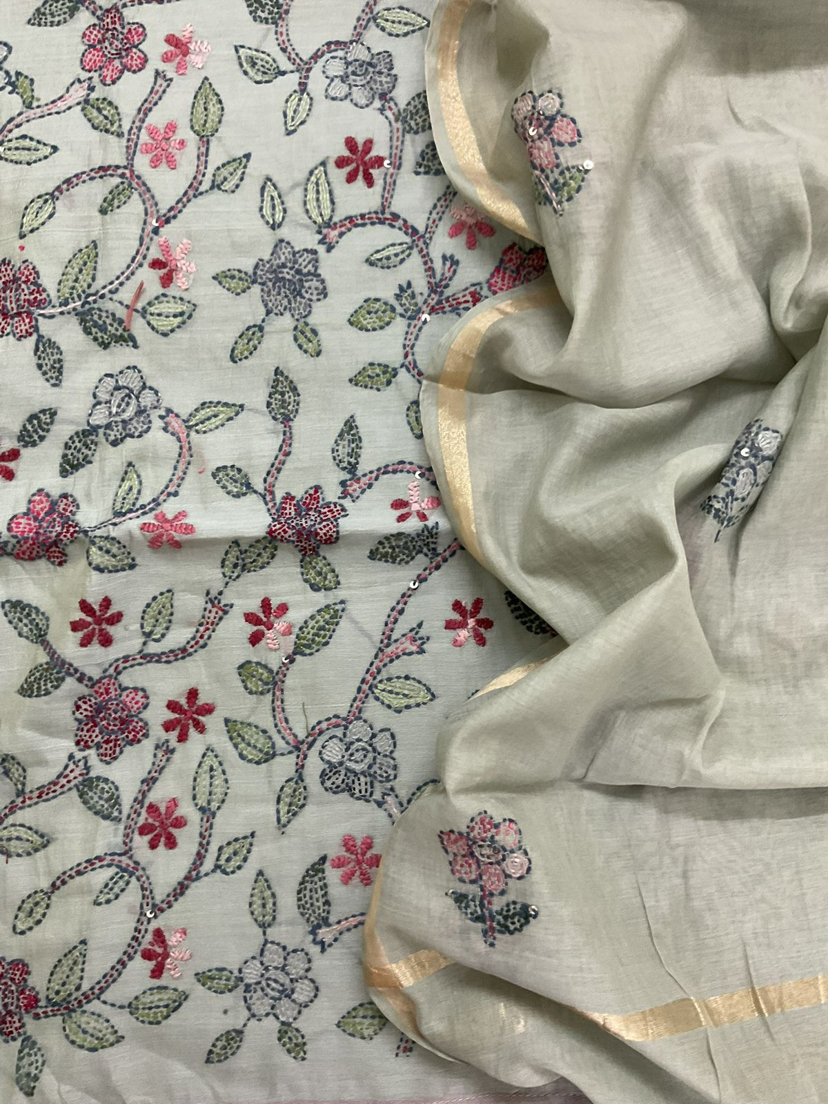 Pure Chanderi Kantha Work Suit - Grey