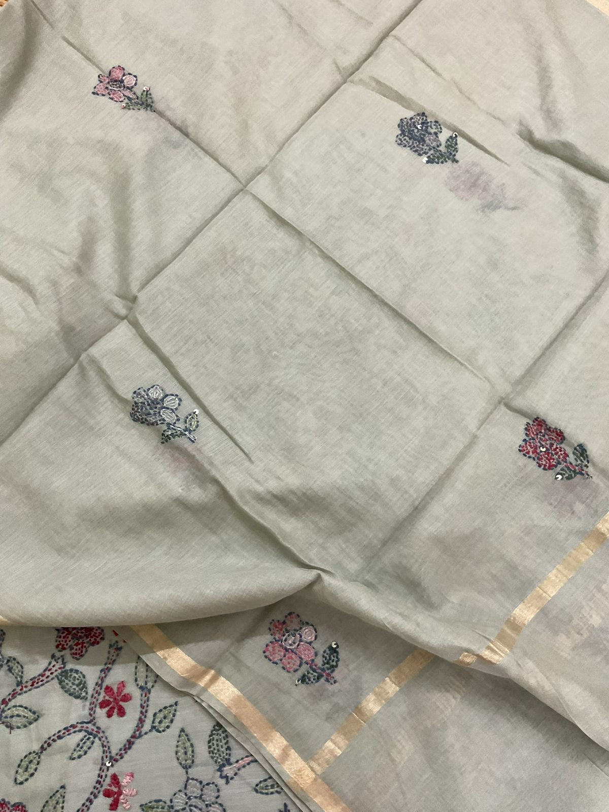 Pure Chanderi Kantha Work Suit - Grey
