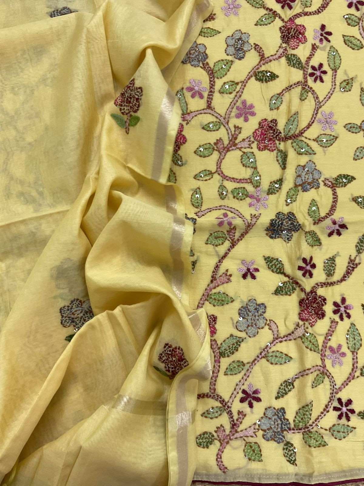 Pure Chanderi Kantha Work Suit - Yellow