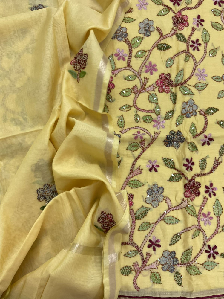 Image of Pure Chanderi Kantha Work Suit - Yellow