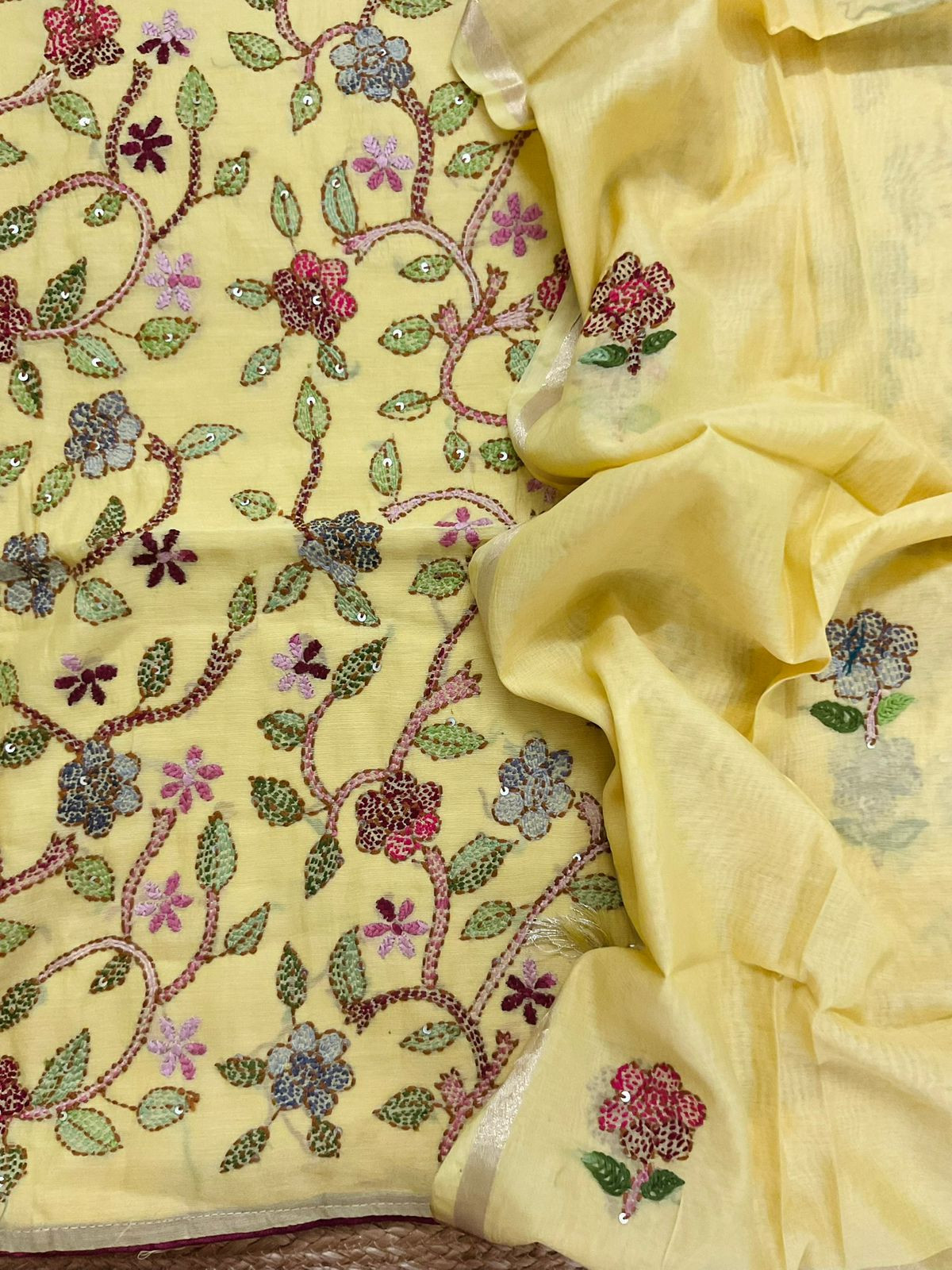 Pure Chanderi Kantha Work Suit - Yellow