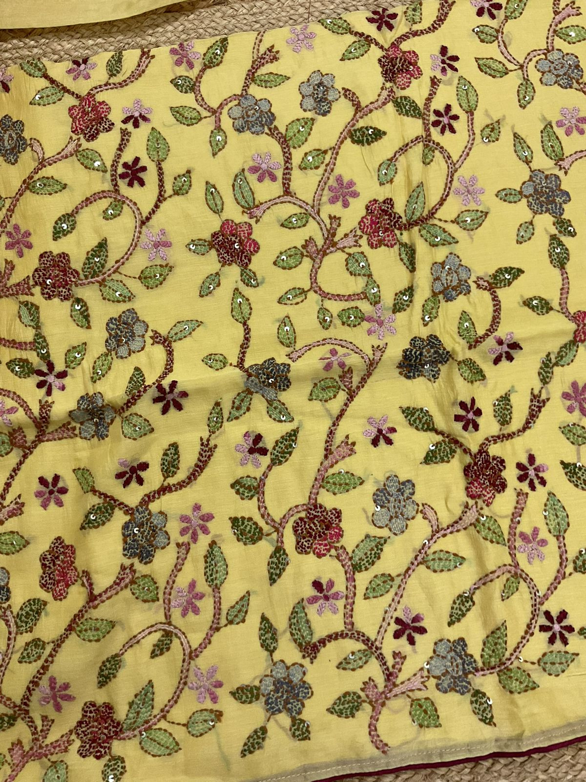Pure Chanderi Kantha Work Suit - Yellow