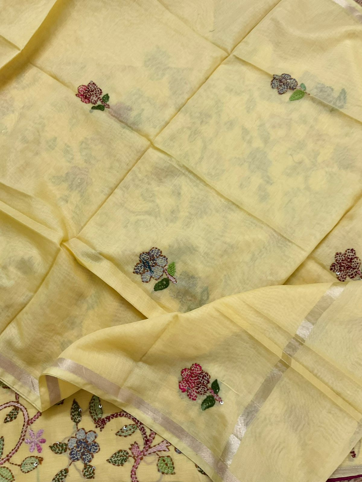 Pure Chanderi Kantha Work Suit - Yellow