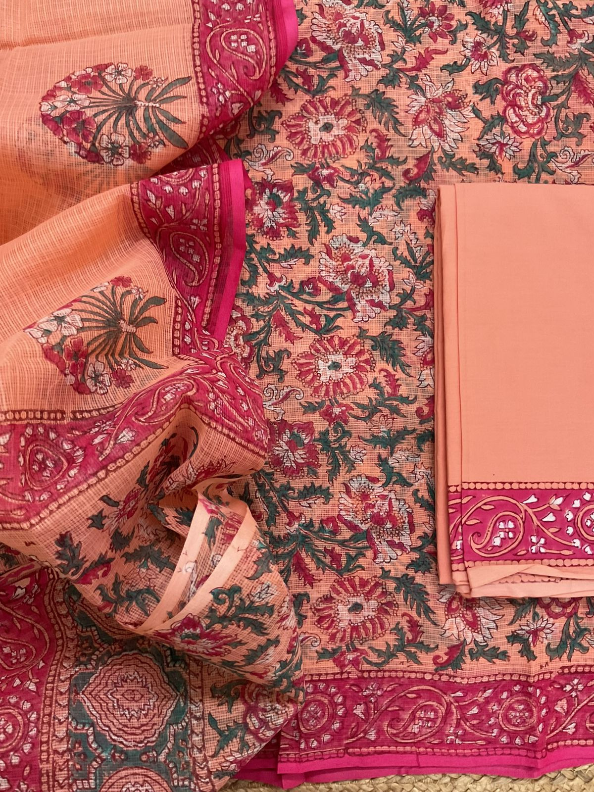 Pure Fine Kota Cotton Printed Suit - Peach