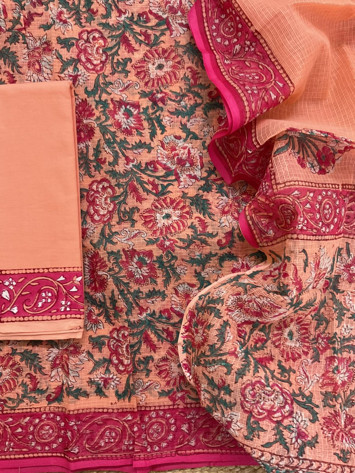 Pure Fine Kota Cotton Printed Suit - Peach