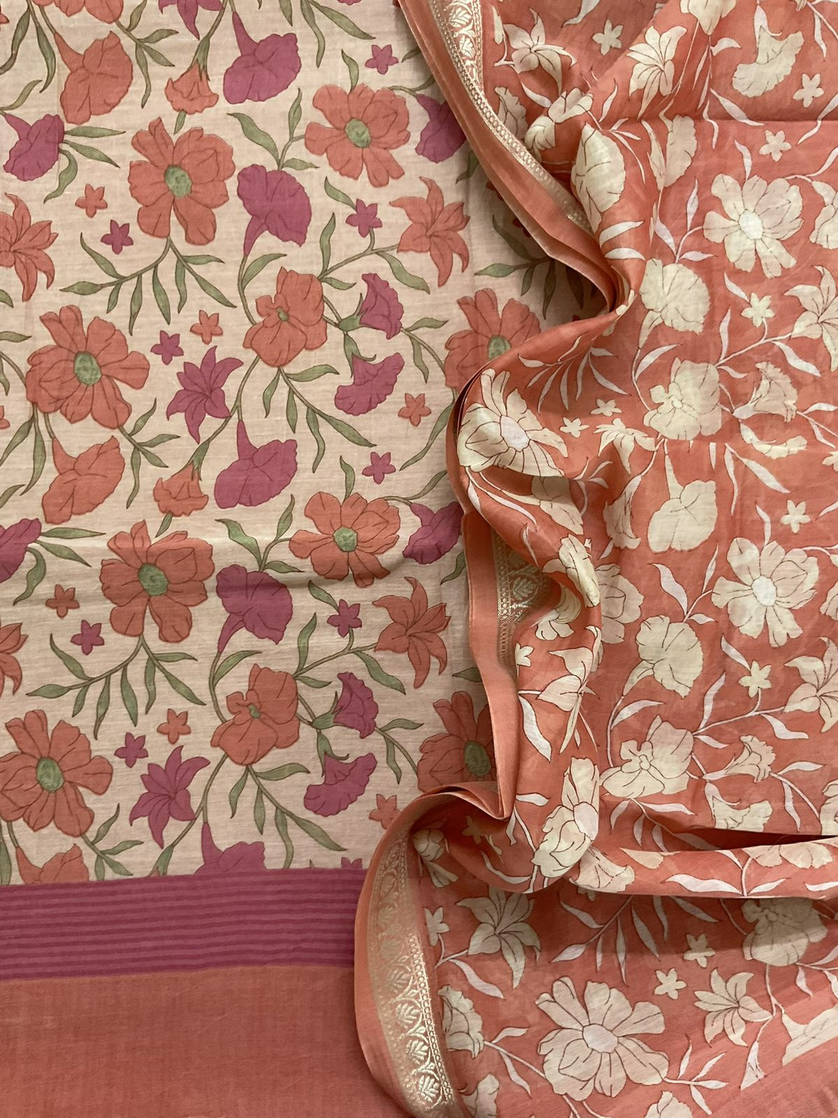 Pure Mul Chanderi Printed Suit - Peach