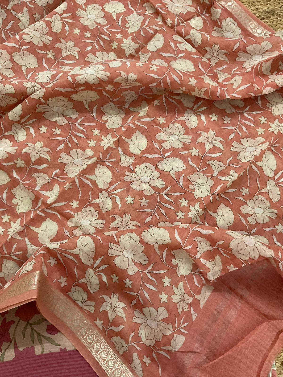 Pure Mul Chanderi Printed Suit - Peach