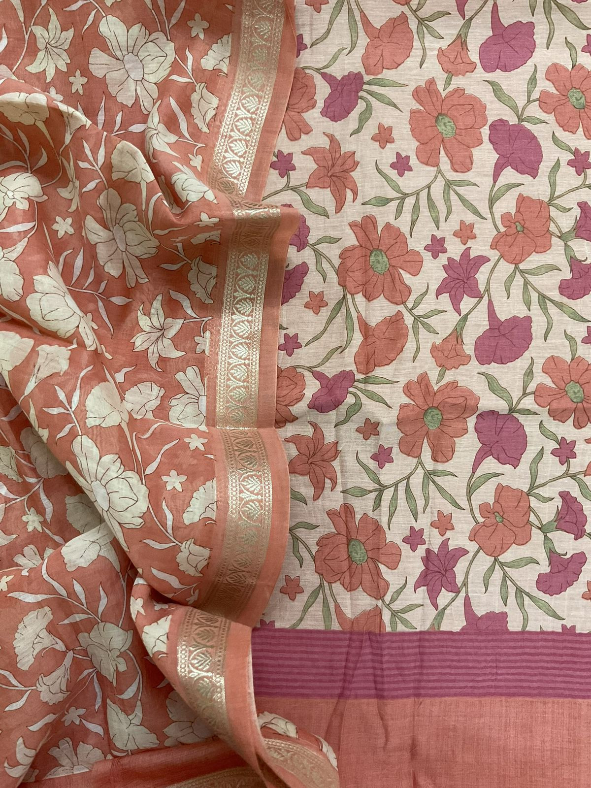Pure Mul Chanderi Printed Suit - Peach