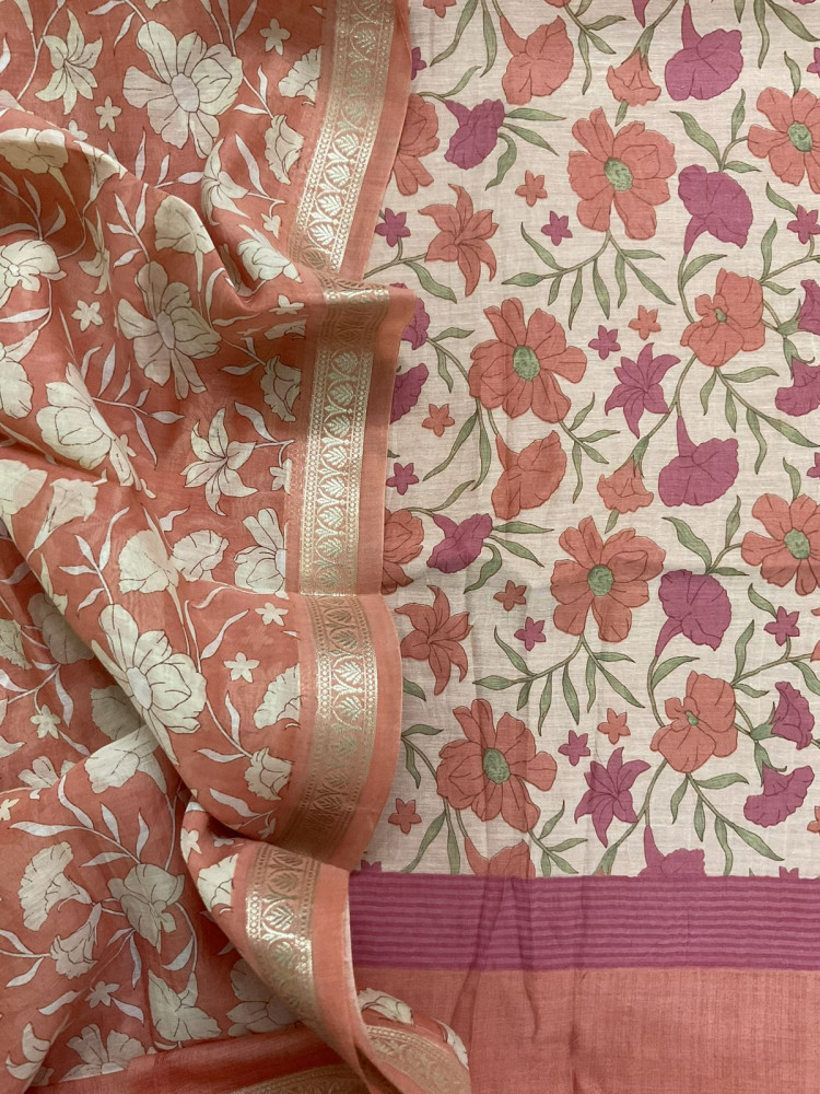 Image of Pure Mul Chanderi Printed Suit - Peach