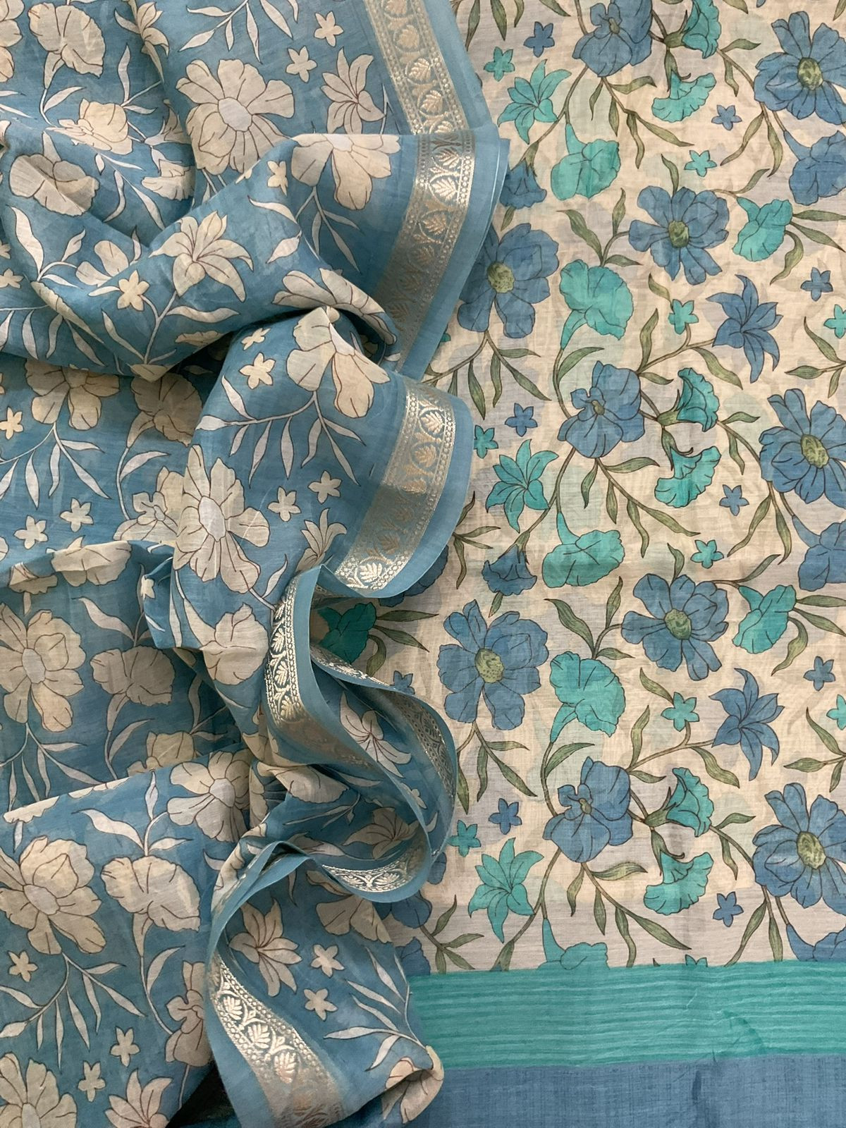 Pure Mul Chanderi Printed Suit - Blue