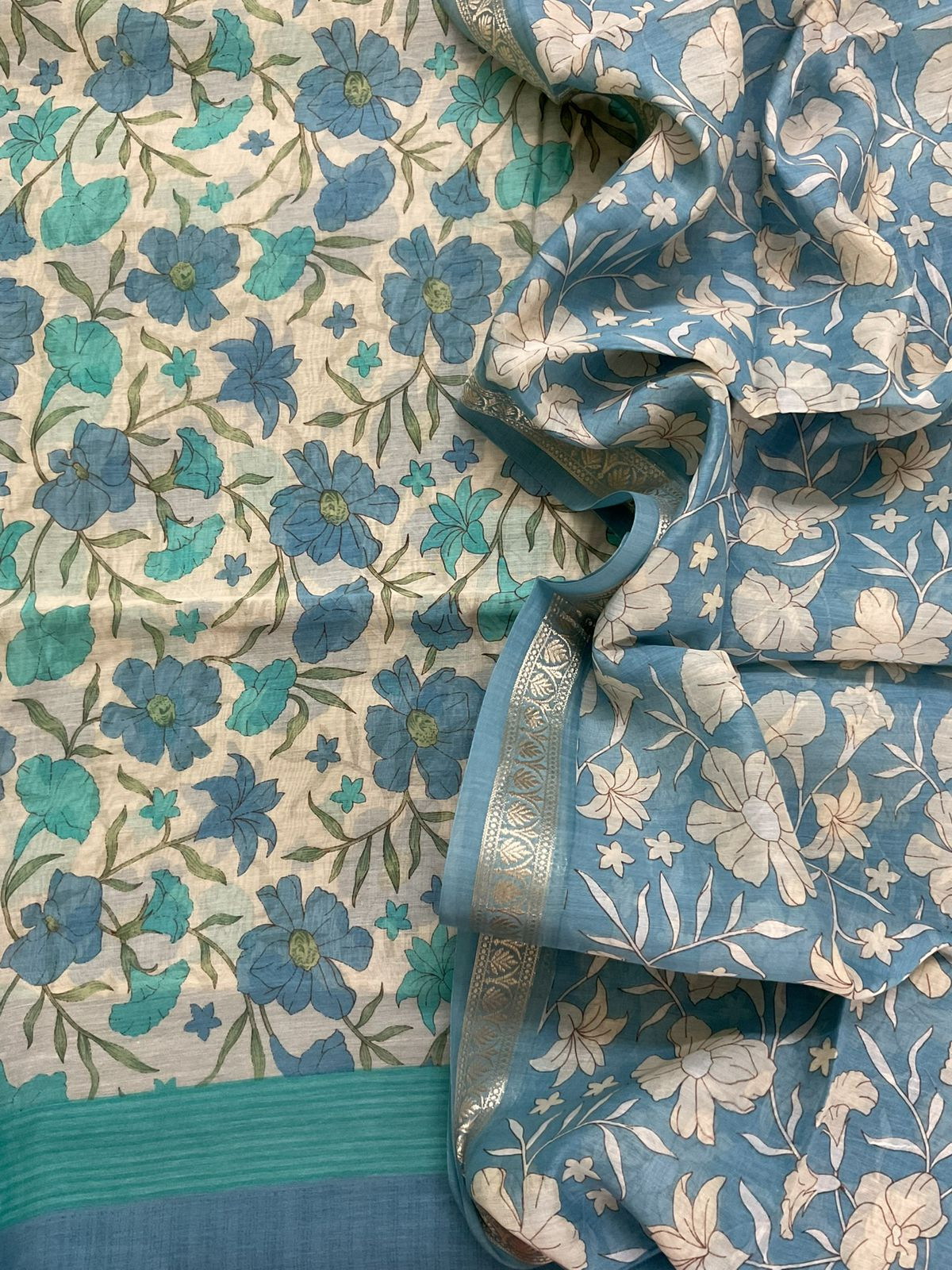 Pure Mul Chanderi Printed Suit - Blue