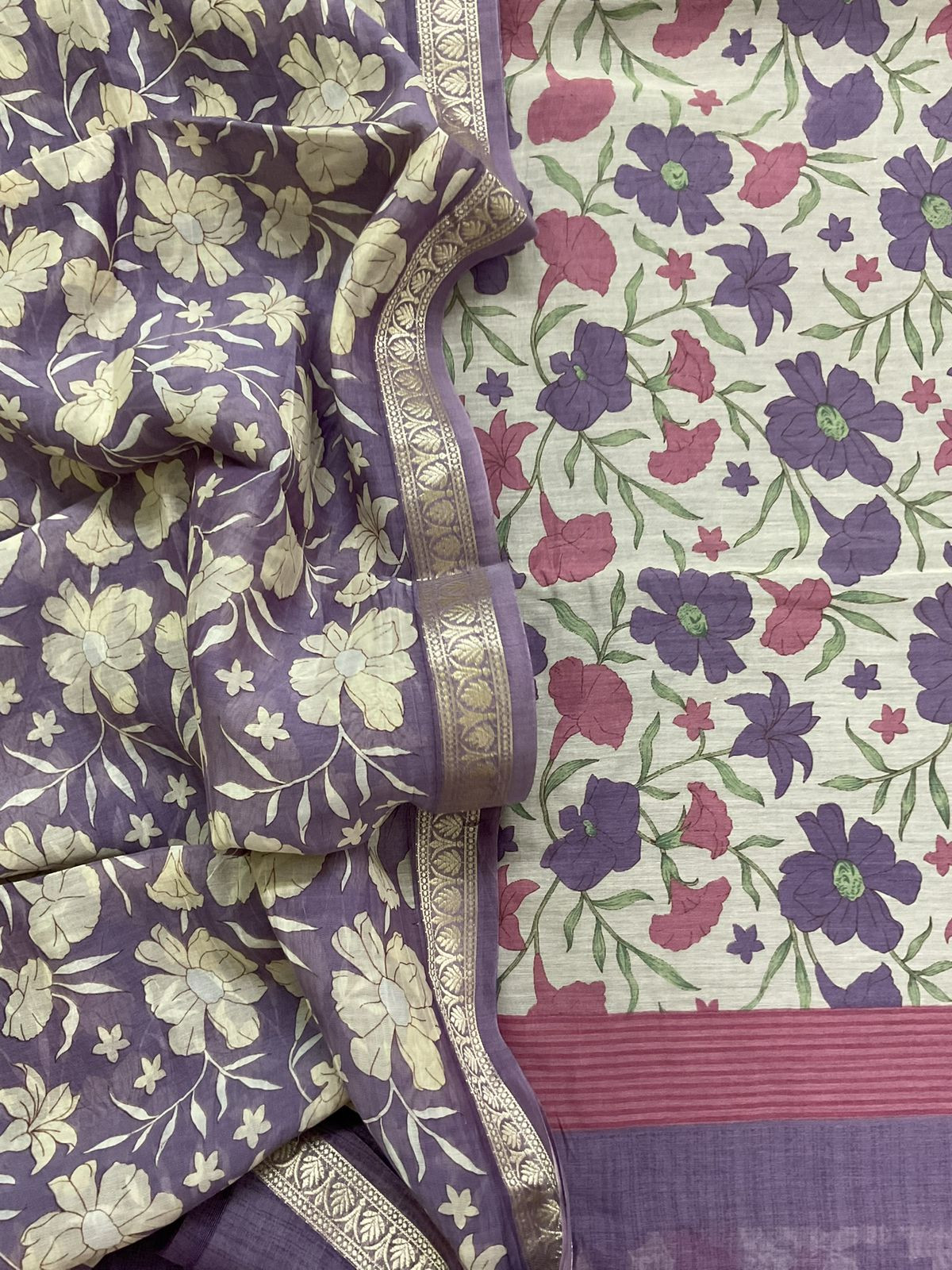 Pure Mul Chanderi Printed Suit - Lavender