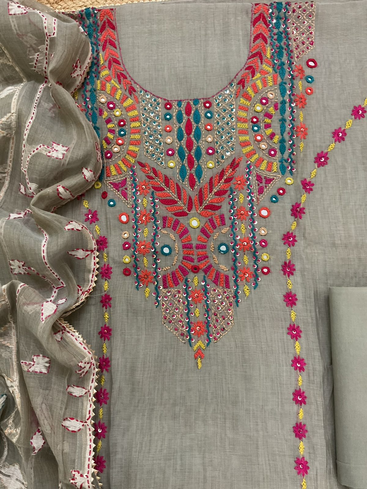 Pure Slub Chanderi Jamdani Weaved Embroidered Suit - Grey