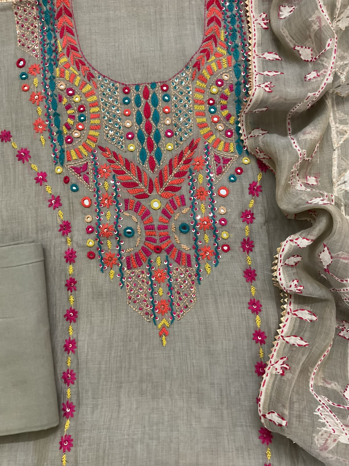 Pure Slub Chanderi Jamdani Weaved Embroidered Suit - Grey