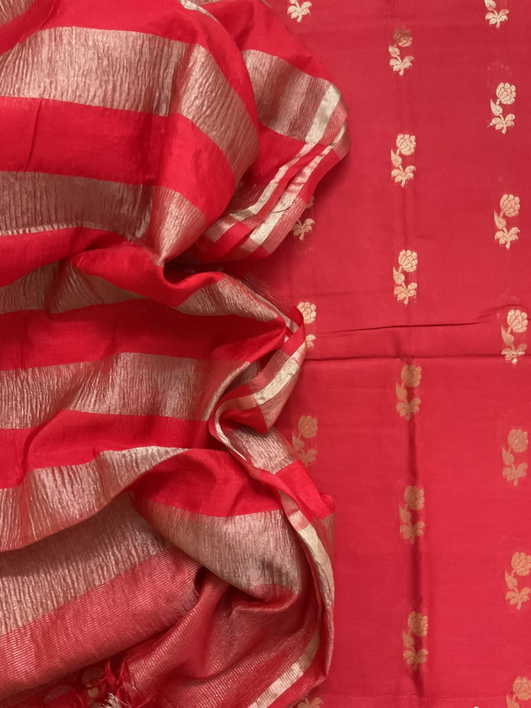 Image of Soft Fine Chanderi Banarasi Weaved Suit - Red