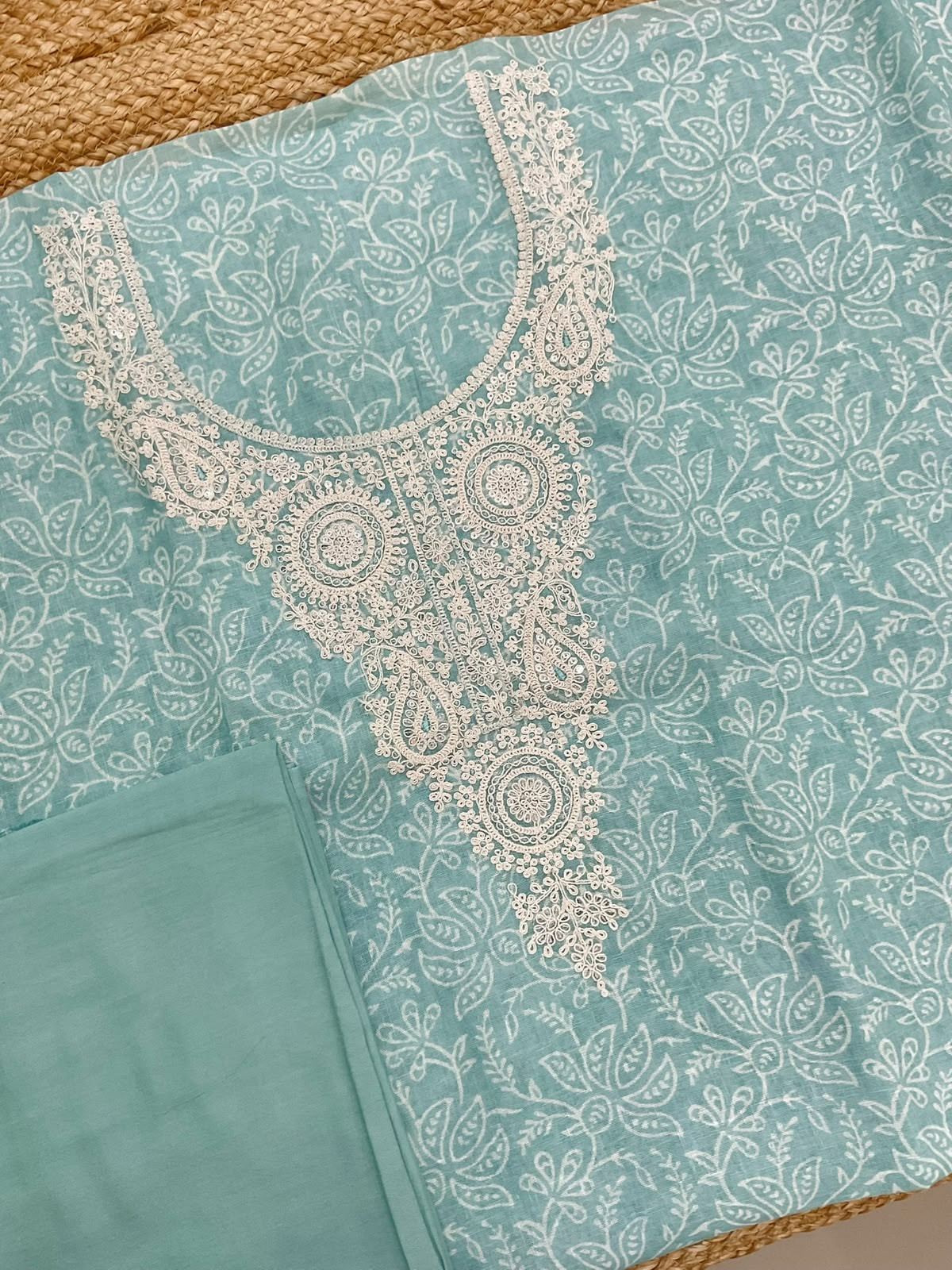 Soft Linen Jute Cotton Printed Embroidered Suit - Blue