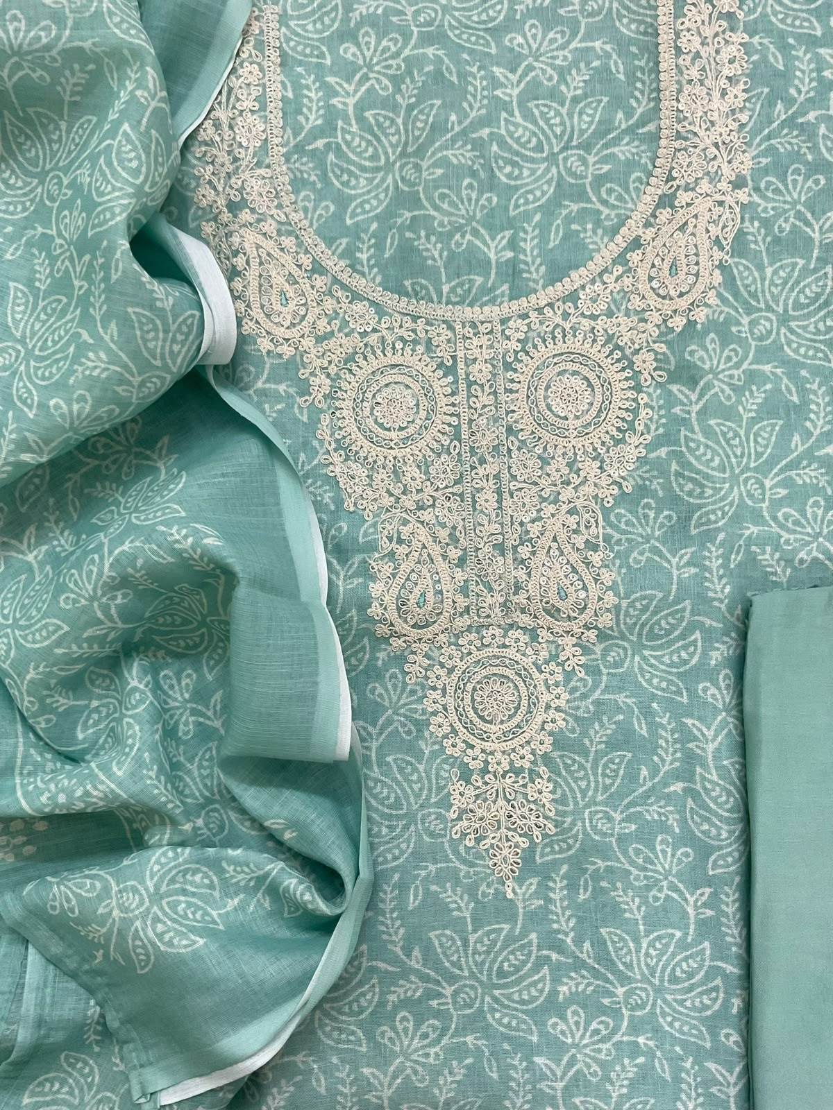 Soft Linen Jute Cotton Printed Embroidered Suit - Blue