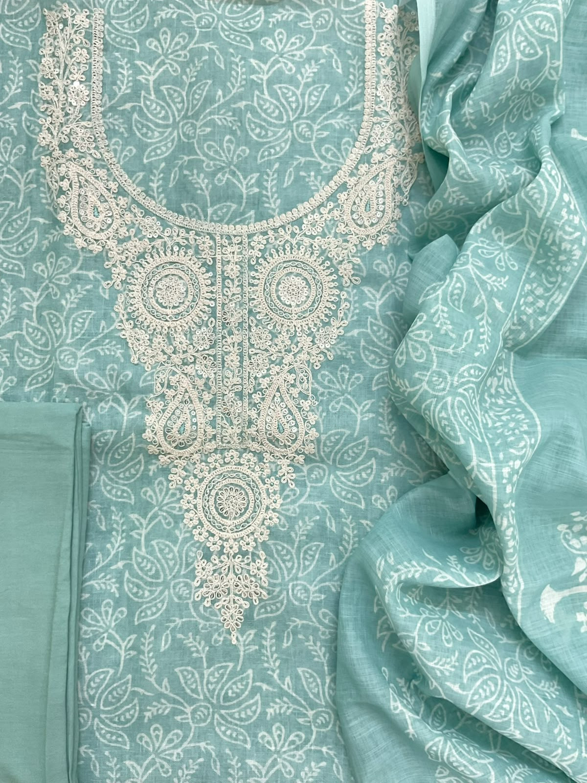 Soft Linen Jute Cotton Printed Embroidered Suit - Blue