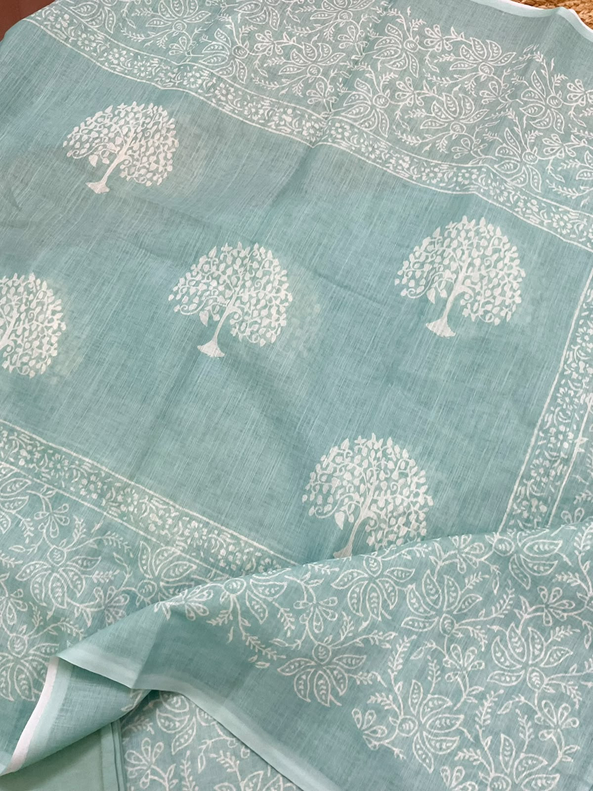 Soft Linen Jute Cotton Printed Embroidered Suit - Blue