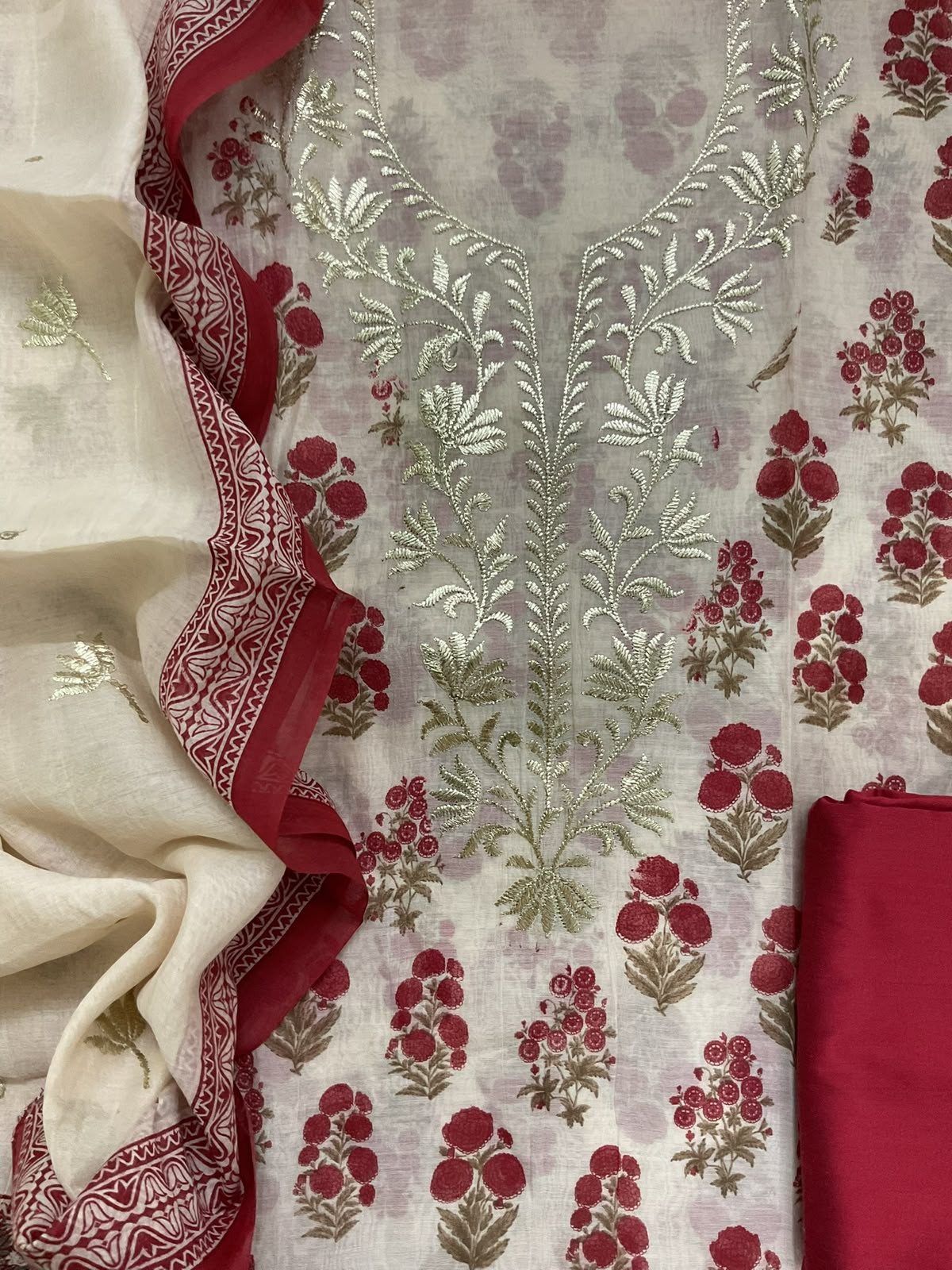 Pure Chanderi Printed Embroidered Suit - Cream